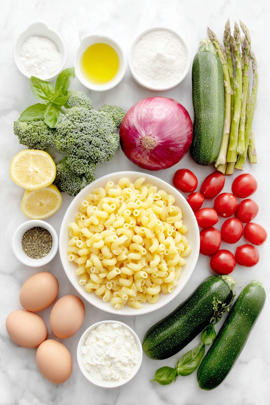 Flat lay of cavatappi pasta nest, a small white bowl with extra virgin olive oil, a medium red onion quartered, fresh broccoli florets, a yellow squash sliced and quartered, a zucchini sliced and quartered, trimmed asparagus pieces, a chopped red bell pepper, halved cherry tomatoes, whole garlic cloves, a small white bowl of heavy cream, a small white bowl of chicken broth, a small white bowl with cornstarch powder, small white bowls with dried oregano, dried parsley, and dried thyme, a small white bowl with lemon juice, a small white bowl of freshly grated Parmesan cheese, thawed petite peas, fresh basil leaves, whole uncracked brown eggs placed on a clean white marble surface, soft natural light, photo taken with an iPhone, professional food photography style, fresh ingredients, white ceramic bowls, no bottles, no duplicates, no utensils, no packaging --ar 2:3 --v 7 --p m7354615311229779997