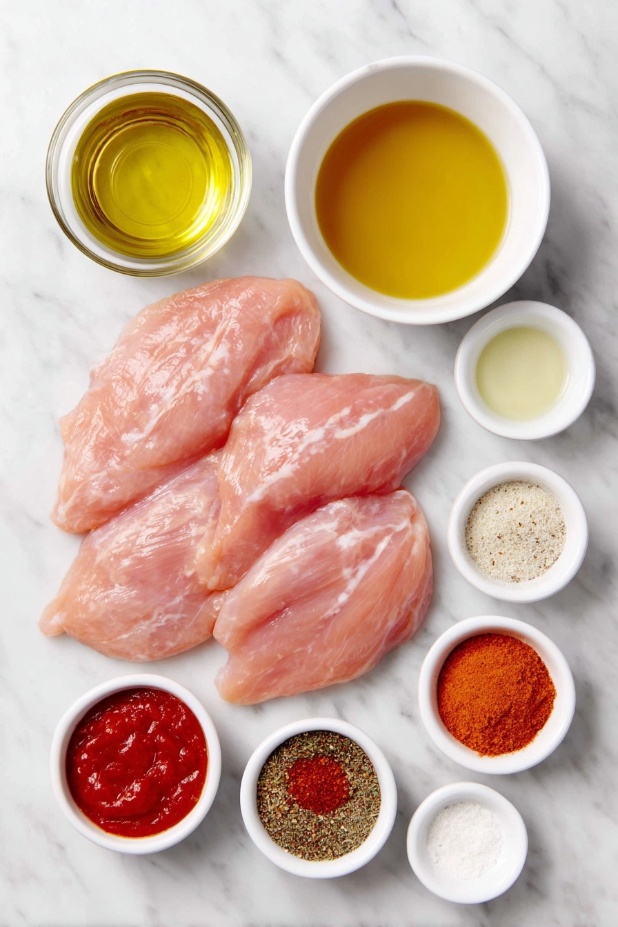 Flat lay of thin raw chicken breasts, a small white bowl of golden olive oil, a small white bowl with bright red hot sauce, a small white bowl of clear lime juice, a small white bowl of golden honey, a small white bowl with mixed spices including paprika, chili powder, garlic powder, onion powder, cumin, salt, and pepper arranged in neat piles, all placed on a clean white marble surface, soft natural light, photo taken with an iPhone, professional food photography style, fresh ingredients, white ceramic bowls, no bottles, no duplicates, no utensils, no packaging --ar 2:3 --v 7 --p m7354615311229779997