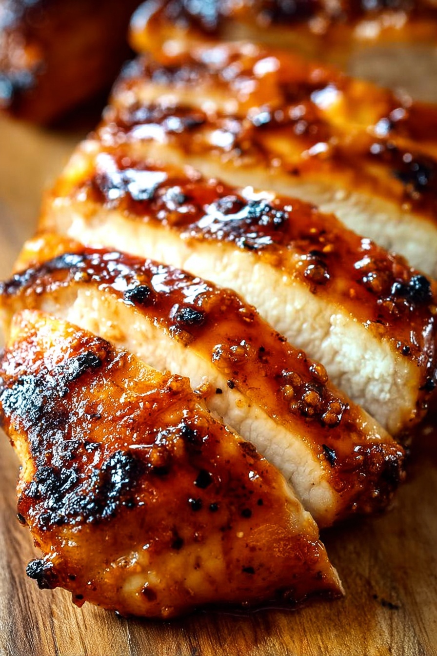 The image shows close-up slices of cooked chicken with a shiny, caramelized brown and reddish glaze, showing a well-seasoned surface with small blackened spots from cooking. The chicken slices are layered next to each other, showing a soft, light beige inside with a juicy texture under the crispy exterior. The background is blurred wood, but imagine it on a white marbled surface for this description. photo taken with an iphone --ar 2:3 --v 7