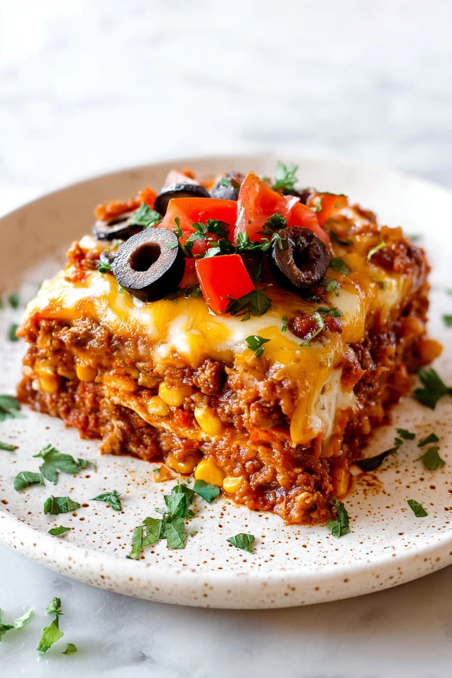 A square piece of layered dish sits on a white plate with small brown speckles, placed on a white marbled surface. The bottom layer is a thick mix of ground meat, corn, and tomato sauce in a rich reddish-brown color. Above that is a melted golden-yellow cheese layer that looks creamy and soft. On top of the cheese, there are small bright red diced tomato pieces and black sliced olives, scattered evenly. Fresh green herbs are sprinkled on the dish and around the plate, adding a fresh touch of color. The layers are thick and clearly visible, making the dish look hearty and delicious. Photo taken with an iphone --ar 2:3 --v 7