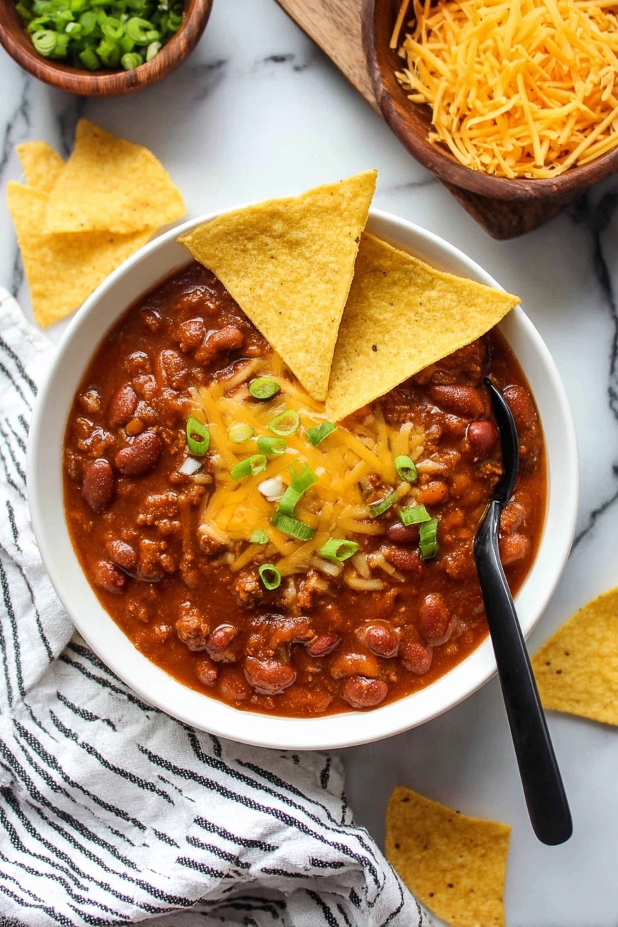 A white bowl filled with thick chili made of beans and meat in a rich red-brown sauce, topped with melted bright yellow cheddar cheese and scattered green onion pieces. Two large triangular yellow corn chips are standing upright in the chili. A black spoon is partially dipped in the chili on the right side of the bowl. The bowl sits on a white marbled surface with several corn chips scattered around it. There is a wooden bowl of shredded cheddar cheese and a wooden bowl of chopped green onions visible in the top right corner. A white cloth with black stripes is placed under the bowl at the bottom. Photo taken with an iphone --ar 2:3 --v 7
