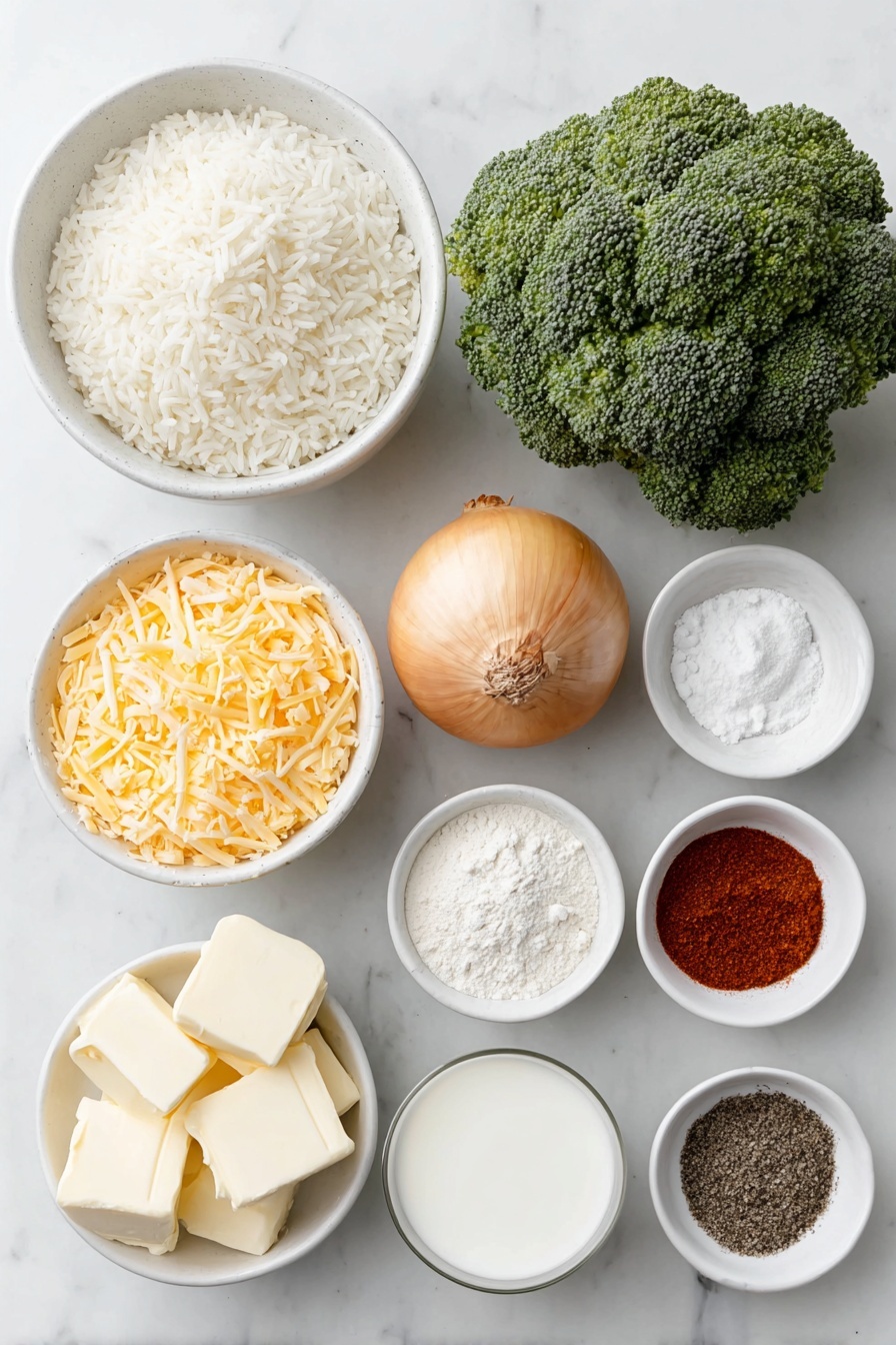 Flat lay of fresh green broccoli florets, a large white ceramic bowl of cooked white rice, a small white ceramic bowl filled with shredded sharp cheddar cheese, a whole yellow onion with smooth skin, two uncracked garlic cloves, a few small cubes of fresh butter stacked neatly, a small white ceramic bowl of all-purpose flour, a small white ceramic bowl containing whole milk, and small white ceramic bowls each holding salt, smoked paprika, cayenne pepper, and freshly cracked black pepper, arranged in perfect symmetry and balanced proportions, placed on a clean white marble surface, soft natural light, photo taken with an iPhone, professional food photography style, fresh ingredients, white ceramic bowls, no bottles, no duplicates, no utensils, no packaging --ar 2:3 --v 7 --p m7354615311229779997