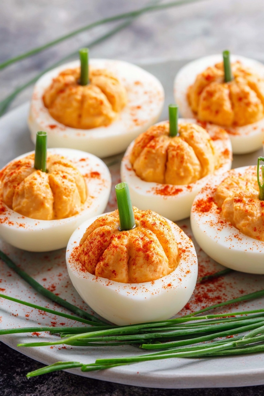 Six halved hard-boiled eggs are arranged on a white plate with a light dusting of reddish-orange paprika on top of the creamy, slightly textured filling in the center of each egg. Each egg half has a small, green chive piece poking vertically from the filling. The egg whites are smooth, firm, and bright white, while the filling is pale yellow-orange with a slightly rough surface. A small bunch of green chives rests casually on the white marbled surface under the plate, which has a subtle grayish tone and faint speckles. The background is blurred to keep focus on the eggs. Photo taken with an iphone --ar 2:3 --v 7