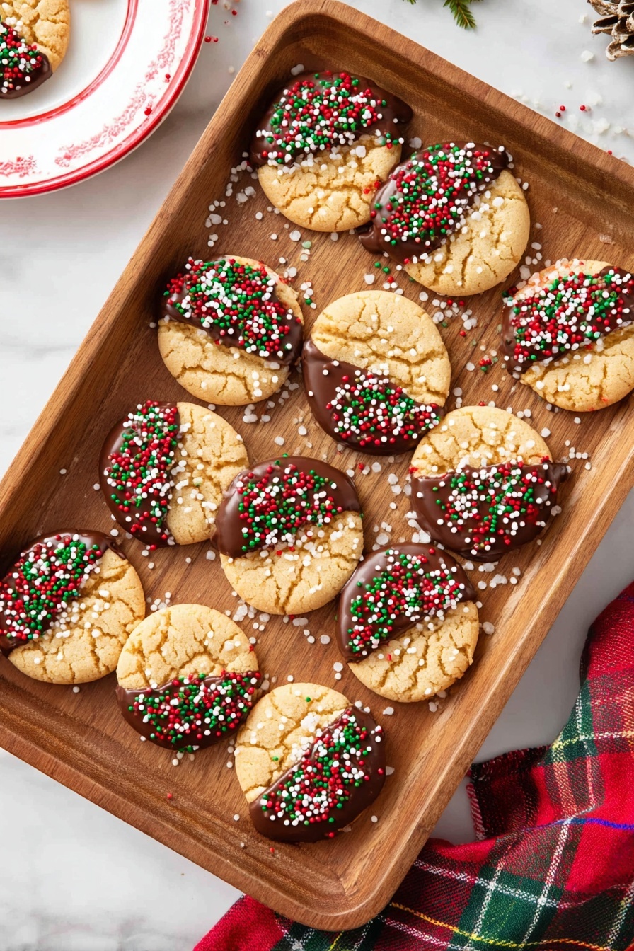 A wooden tray holds ten round cookies, each half dipped in dark chocolate and topped with colorful sprinkles in red, green, white, and yellow. The cookies have a light golden color with a slightly cracked texture, and the sprinkles are scattered neatly on the chocolate side, with a few falling onto the tray. The tray sits on a white marbled surface, and part of a white plate with a red rim is visible in the upper left corner. A red, green, and white plaid cloth is partially seen at the bottom right corner. The overall look is festive and inviting, photo taken with an iphone --ar 2:3 --v 7