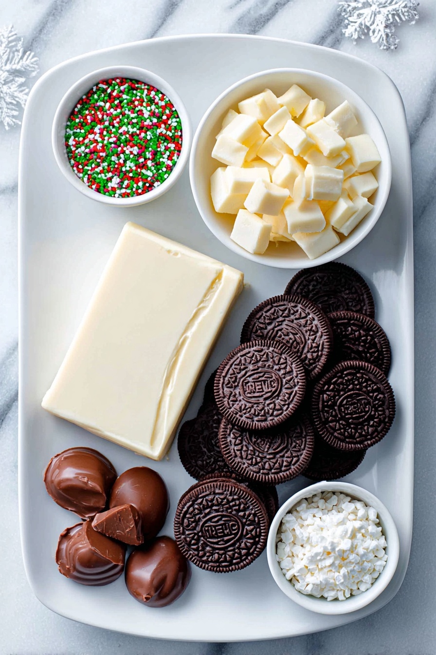 Flat lay of a white ceramic plate filled with a pile of whole Oreo cookies, a smooth block of cream cheese with a visible sheen, a small white bowl containing white chocolate melting wafers, a few mini Oreo halves with no cream filling, a neat cluster of shiny dark chocolate Rolos candies, a small white bowl holding colorful holly sprinkle mix, and another small white bowl with snowman-themed sprinkle mix, all arranged with perfect symmetry and balanced proportions, placed on a clean white marble surface, soft natural light, photo taken with an iPhone, professional food photography style, fresh ingredients, white ceramic bowls, no bottles, no duplicates, no utensils, no packaging --ar 2:3 --v 7 --p m7354615311229779997