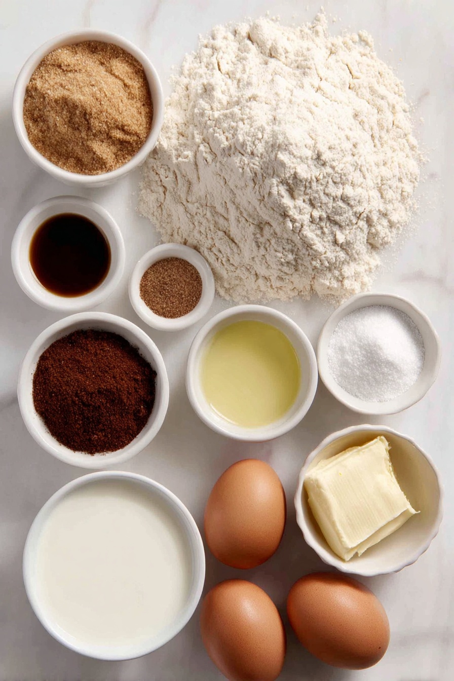 Flat lay of a small mound of bread flour, a small bowl of light brown sugar, a small bowl of powdered milk, a few teaspoons of baking powder and ground cinnamon, a pinch of salt, a small pinch of ground nutmeg, a small white bowl filled with whole milk, a small white bowl of canola oil, two whole uncracked brown eggs, a small bowl of vanilla extract, a small white bowl of melted salted butter, all arranged symmetrically on a clean white marble surface, soft natural light, photo taken with an iPhone, professional food photography style, fresh ingredients, white ceramic bowls, no bottles, no duplicates, no utensils, no packaging --ar 2:3 --v 7 --p m7354615311229779997