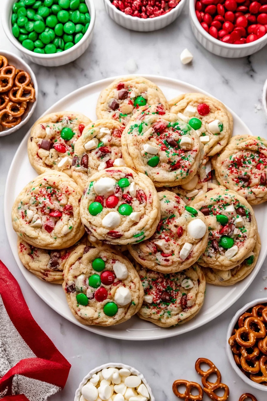 A white plate piled with round cookies that have a light brown base, each cookie topped with colorful red and green candy pieces, small white chips, broken pretzel pieces, and red and green sprinkles scattered all over. Surrounding the plate are small white bowls filled with red and green candies, white chips, and whole pretzels. The surface beneath everything is a white marbled texture, with a red ribbon partially visible near the plate. Photo taken with an iphone --ar 2:3 --v 7
