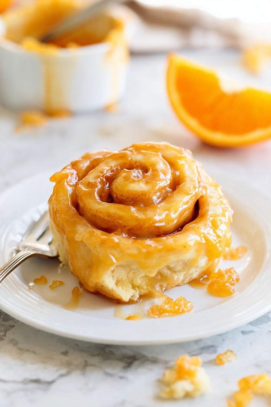 The image shows a single cinnamon roll with a glaze on top, placed on a white plate. The roll is light brown with a shiny, sticky orange glaze that drips down the sides. The roll has a spiral shape with visible layers of dough and glaze. Around the plate, there are small crumbs and bits of glaze. In the background, there is a white bowl with more orange glaze and a slice of orange resting on its rim. A silver fork with some pieces of the cinnamon roll is partially visible to the left. The surface underneath the plate is a white marbled texture. photo taken with an iphone --ar 2:3 --v 7
