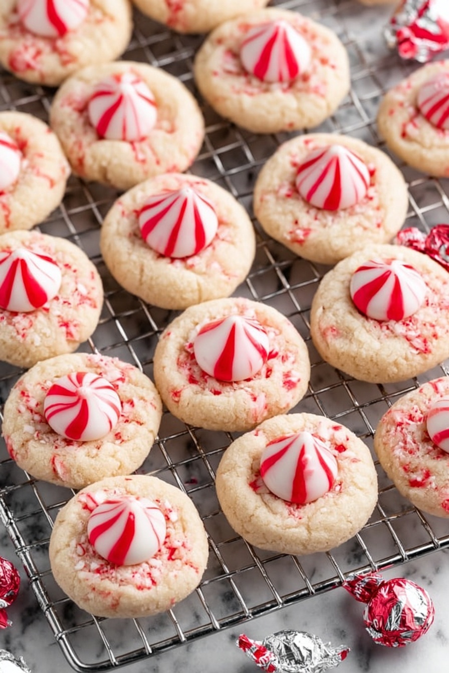 The image shows many round cookies on a metal cooling rack. Each cookie has two layers: the base layer is light beige with a slightly cracked and soft texture, speckled with tiny red bits inside the dough. The top layer is a round candy sitting right in the middle of the cookie, striped with red and white swirls, smooth and shiny. The cookies are closely placed next to each other, and a few wrapped candies with shiny red and silver wrappers are scattered among them. The background is a white marbled texture. photo taken with an iphone --ar 2:3 --v 7
