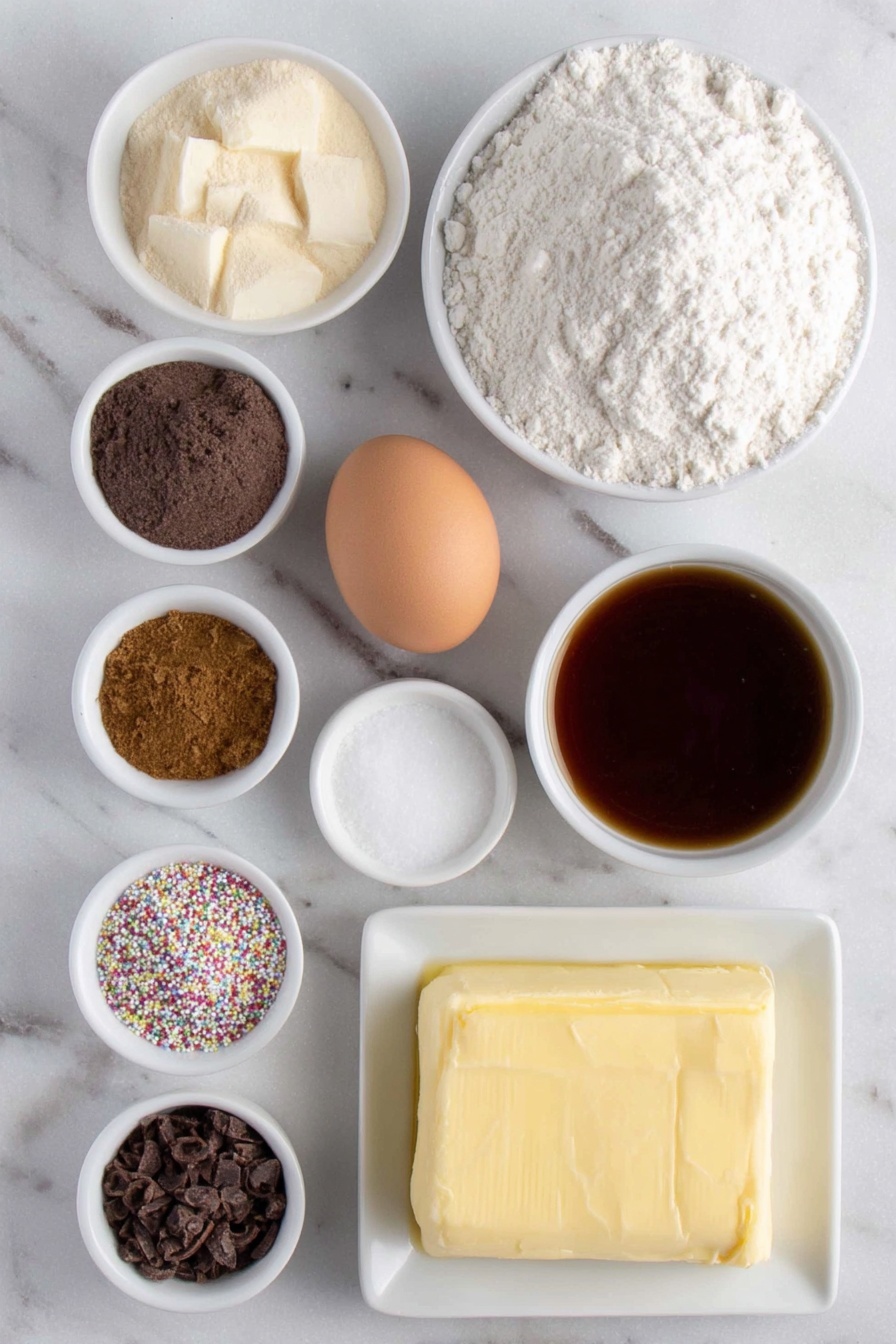 Flat lay of a small mound of all-purpose flour, a small white bowl of pale beige baking soda powder, a small white bowl each with vibrant ground ginger, warm brown ground cinnamon, dark brown ground allspice, deep brown ground cloves, and light brown ground nutmeg, a tiny pinch of coarse black pepper, a small white bowl of fine white salt, a slab of glossy melted butter in a small white bowl, a small white bowl filled with packed dark brown sugar, another small white bowl of granulated white sugar, a small white bowl holding thick, dark amber molasses, a single large brown egg with clean shell, a small white bowl of clear vanilla extract, a block of smooth cream cheese on a simple white ceramic plate, a small white bowl with a golden pat of butter, a small white bowl filled with fine white confectioners’ sugar, and a neat small sprinkle of mixed colorful sprinkles scattered lightly on the surface — all arranged symmetrically on a clean white marble surface, soft natural light, photo taken with an iPhone, professional food photography style, fresh ingredients, white ceramic bowls, no bottles, no duplicates, no utensils, no packaging --ar 2:3 --v 7 --p m7354615311229779997
