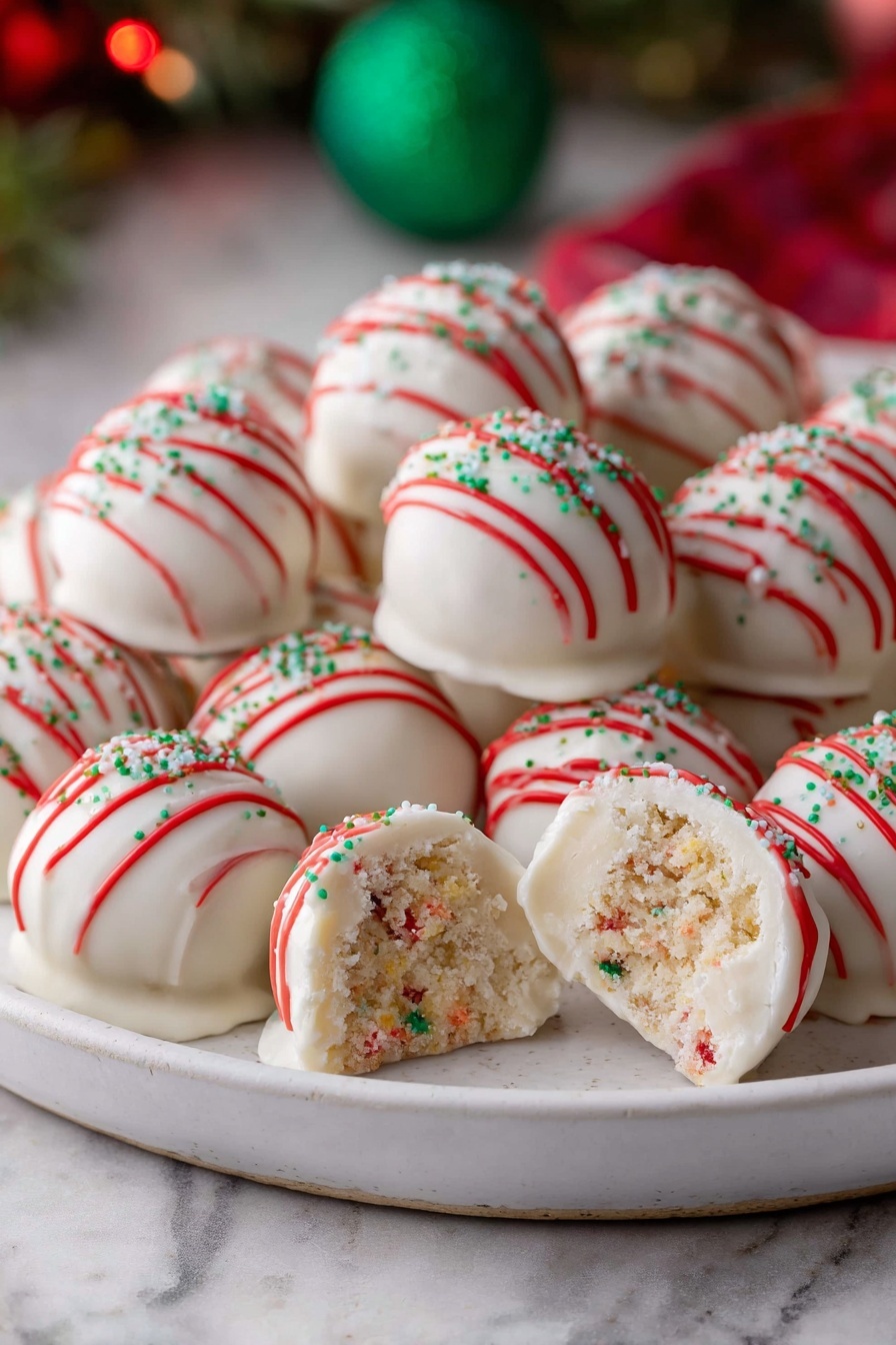 A white plate holds many round white balls covered in smooth white coating. Each ball has thin red stripes running across the surface and tiny green sprinkles scattered on top. One ball is broken open at the front showing a soft, crumbly inside with bits of red and green. The plate is set on a white marbled surface with some green and red blurred background lights. photo taken with an iphone --ar 2:3 --v 7