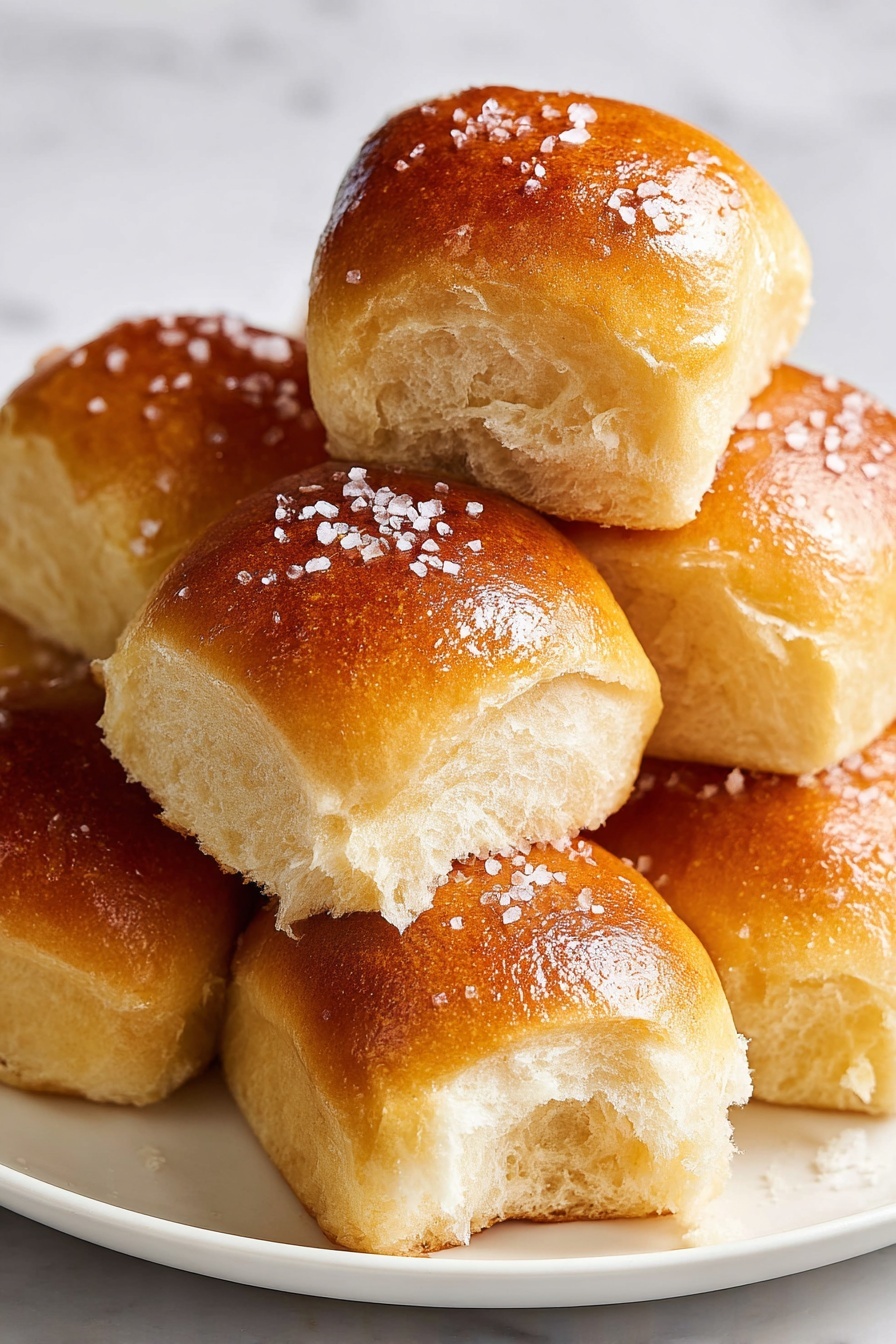 The image shows a white square baking dish filled with twelve soft, golden-brown dinner rolls arranged in a 3 by 4 grid, each with a shiny, smooth top sprinkled with coarse salt. The rolls have a slightly fluffy and shiny texture with a light golden color fading to a paler yellow near the base where they touch each other. One woman's hand is sprinkling salt on the top right roll, and another woman's hand holds a small bowl filled with more coarse salt in the bottom left corner. The baking dish is placed on a black wire cooling rack over a white marbled surface. Photo taken with an iphone --ar 2:3 --v 7