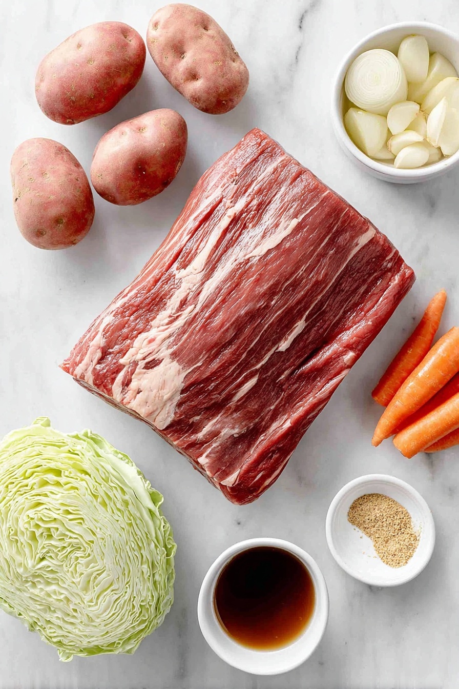 Flat lay of a fresh whole corned beef brisket with trimmed fat, a sliced yellow onion, six peeled and halved red potatoes, a small pile of bright orange baby carrots, one peeled garlic clove, a wedge of green cabbage, a small white ceramic bowl of light brown Worcestershire sauce, a small white ceramic bowl with coarse dry mustard powder, a small white ceramic bowl filled with rich low-sodium beef broth, a whole beef bouillon cube, and a few scattered caraway seeds placed on a simple white ceramic dish, all arranged symmetrically with balanced proportions, placed on a clean white marble surface, soft natural light, photo taken with an iPhone, professional food photography style, fresh ingredients, white ceramic bowls, no bottles, no duplicates, no utensils, no packaging --ar 2:3 --v 7 --p m7354615311229779997