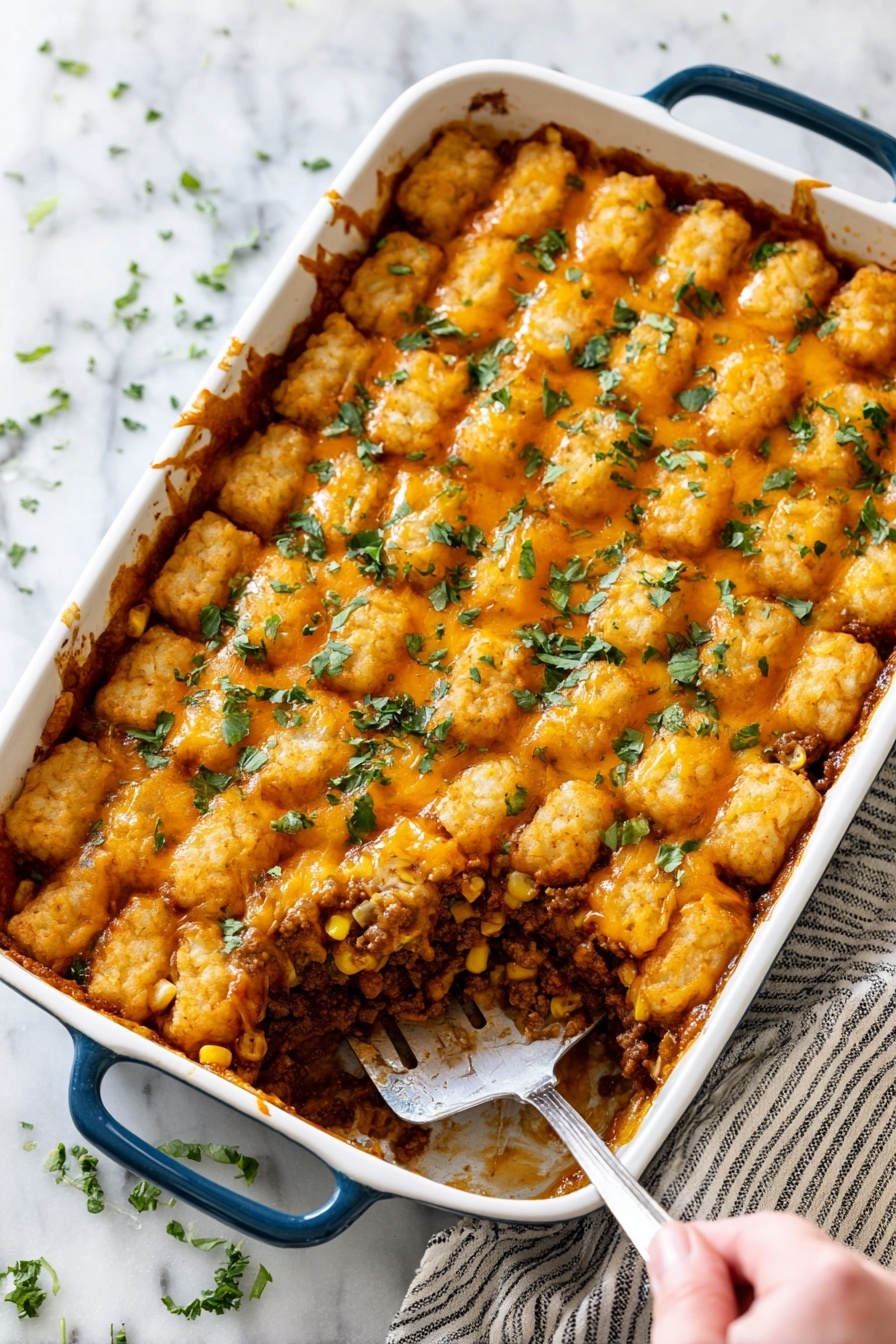 This image shows a rectangular white dish with a blue handle filled with a baked casserole. The top layer has golden-brown tater tots covered with melted orange cheese and sprinkled with chopped green herbs. A scoop has been removed from the bottom left corner, revealing a layer of browned ground meat mixed with corn and sauce underneath. A woman's hand is holding a silver spatula lifting a portion of the casserole. The dish is placed on a white marbled surface with some green herbs scattered around and a striped cloth towel nearby. Photo taken with an iphone --ar 2:3 --v 7