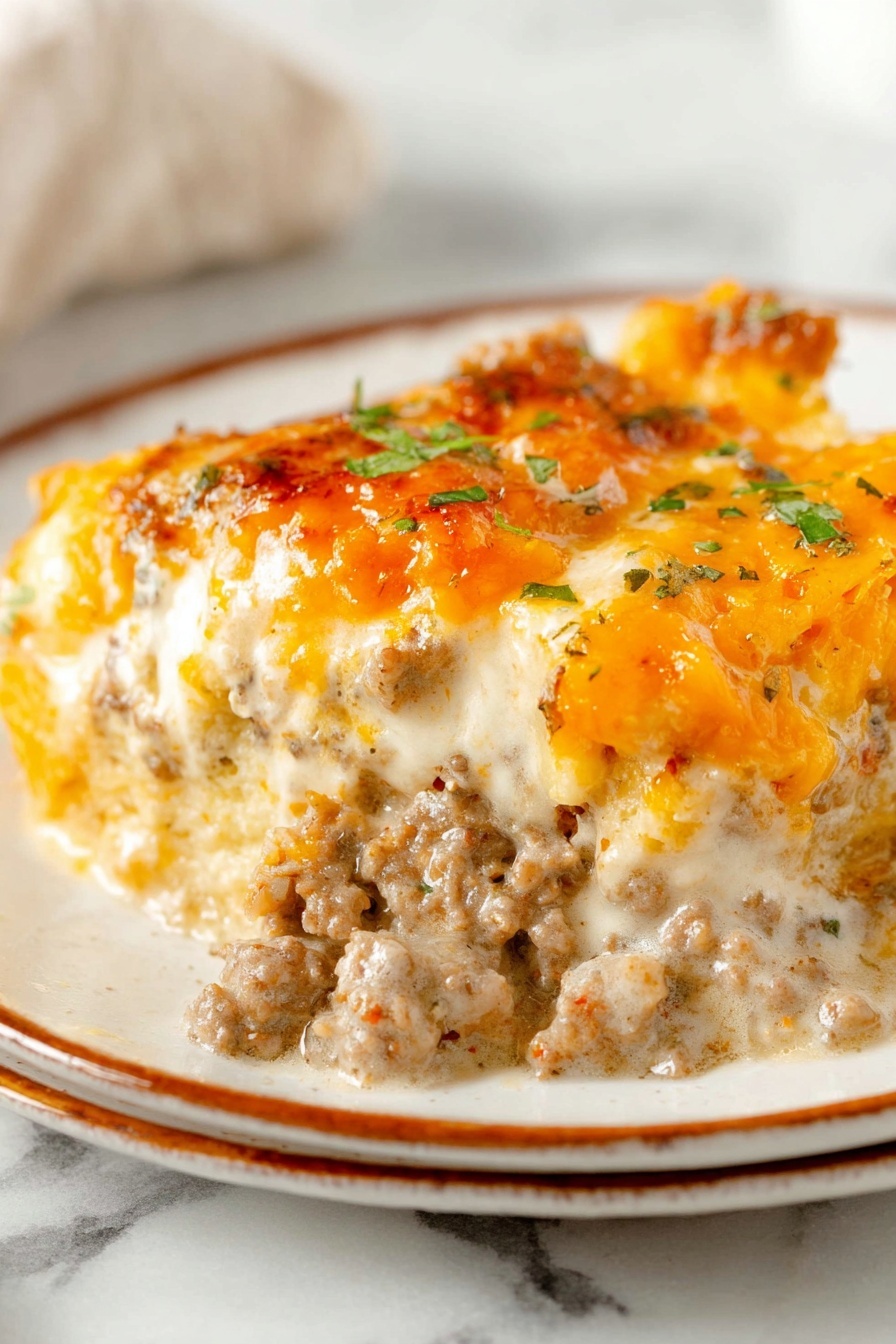 A close-up of a creamy layered casserole on a white plate with a thin brown rim, sitting on a white marbled surface. The dish has about four layers visible: a bottom layer of soft, pale yellow mashed potatoes or bread, followed by a thick layer of crumbly cooked ground meat mixed with herbs and spices, then a rich white creamy sauce that blends into the meat layer, and topped with a melted golden-orange cheese layer with browned, bubbly spots. Small green herb pieces are sprinkled on top. The textures show a mix of smooth, creamy sauce, chunky meat, and stretchy melted cheese. Photo taken with an iphone --ar 2:3 --v 7