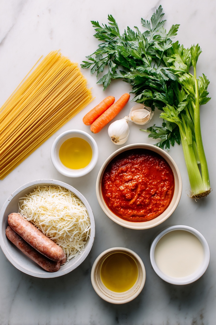 Flat lay of thin dry spaghetti nest, a small pile of bright orange carrot, a fresh celery stalk with leaves, one small whole yellow onion, six peeled garlic cloves, a handful of fresh flat leaf parsley sprigs, a mound of shredded mozzarella cheese, a smaller pile of finely shredded Parmesan cheese, a small white ceramic bowl of rich red crushed tomato puree, a small white ceramic bowl of golden olive oil, a raw hot Italian sausage link without casing, and a small white ceramic bowl of creamy heavy cream, all arranged in perfect symmetry on a simple white ceramic plate and bowls, placed on a clean white marble surface, soft natural light, photo taken with an iPhone, professional food photography style, fresh ingredients, white ceramic bowls, no bottles, no duplicates, no utensils, no packaging --ar 2:3 --v 7 --p m7354615311229779997