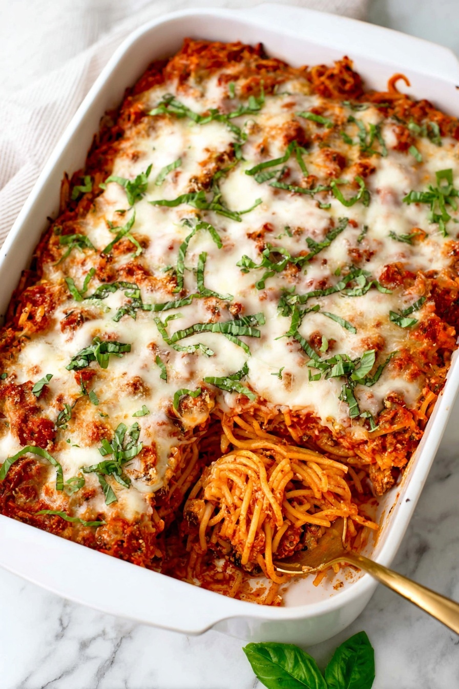 A white rectangular baking dish filled with a baked spaghetti casserole showing three main layers: the bottom layer is a mix of spaghetti noodles coated in red tomato sauce with bits of meat, the middle layer is a thick spread of melted white cheese covering the pasta, and the top layer is garnished with fresh green basil leaves chopped and whole, scattered evenly. The dish sits on a white marbled surface with a gold spoon scooping out a portion from the bottom right corner, revealing the layers inside. photo taken with an iphone --ar 2:3 --v 7