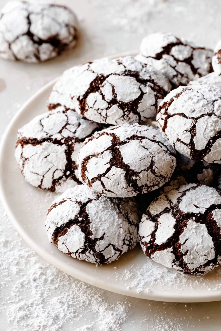 A white plate filled with several round chocolate cookies covered with a thick layer of white powdered sugar that cracks to reveal dark brown cookie underneath; the cookies are piled closely together creating a textured, cracked surface pattern; the plate sits on a white marbled textured surface with some powdered sugar scattered around; the lighting is bright and natural, showing the contrast between the rich chocolate and the white sugar photo taken with an iphone --ar 2:3 --v 7