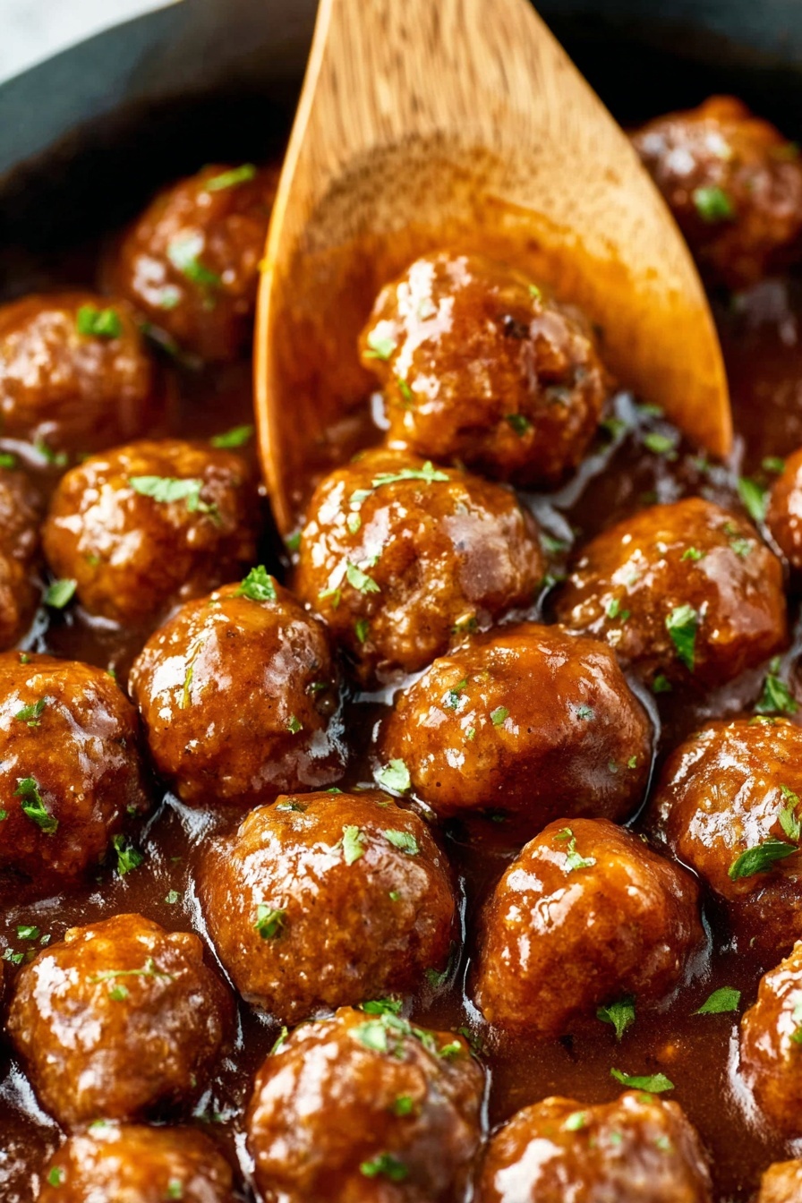 A close-up view of many small round meatballs covered in a shiny, thick brown sauce, sprinkled with small pieces of chopped green herbs all over. The meatballs have a textured, slightly browned surface showing through the sauce, and a wooden spoon is partially visible gently lifting some meatballs from the dish. The background shows a white marbled texture. photo taken with an iphone --ar 2:3 --v 7