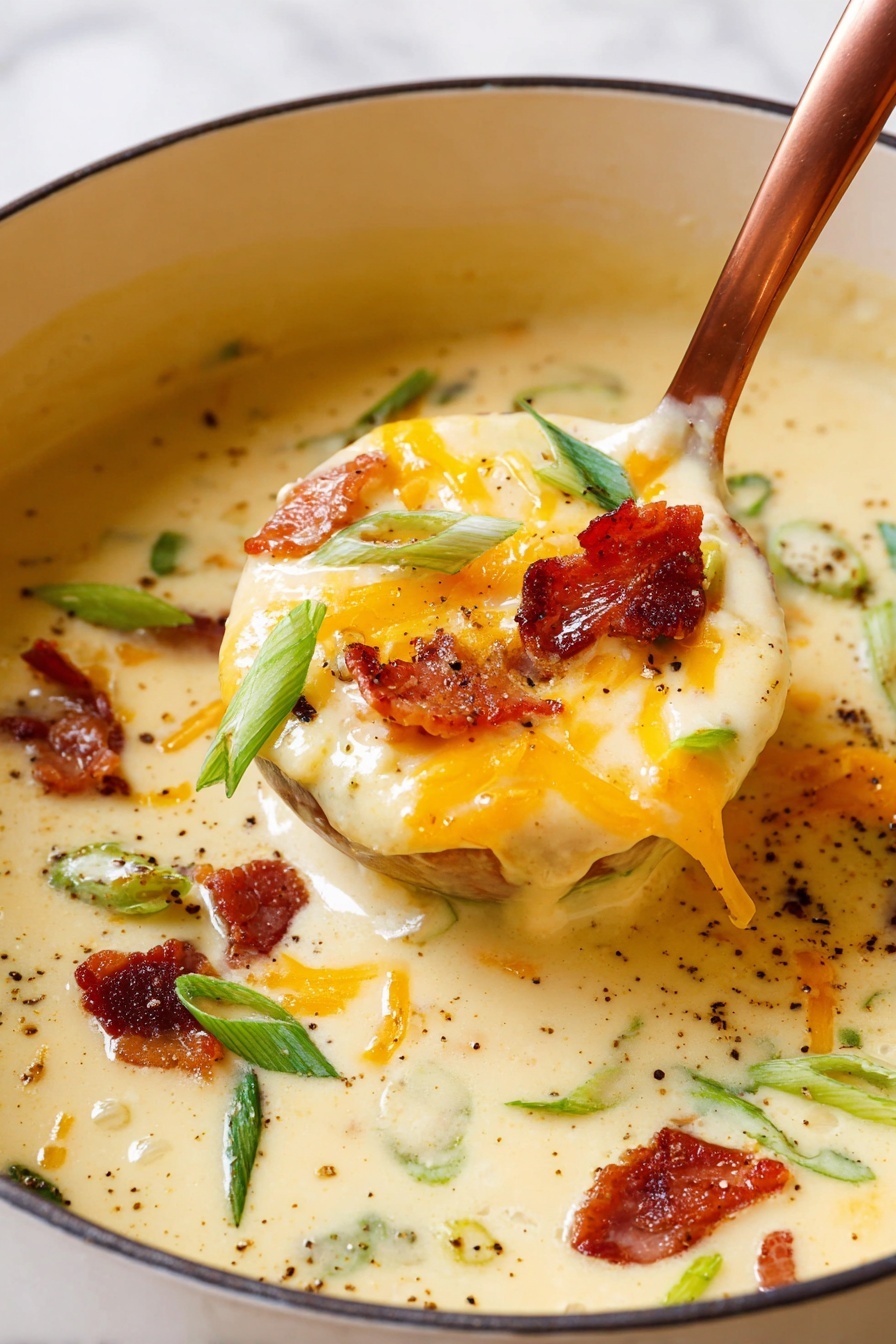 A creamy thick soup with a pale yellow color fills a white pot, showing pieces of crispy reddish-brown bacon and thin, bright green sliced scallions scattered on top. The soup has melted cheddar cheese strands mixing in, adding a soft orange tint. Black pepper specks are lightly sprinkled over, adding contrast. A copper ladle lifts a scoop of the soup, showing smooth texture mixed with the bacon, cheese, and scallions. The pot sits on a white marbled surface. Photo taken with an iphone --ar 2:3 --v 7