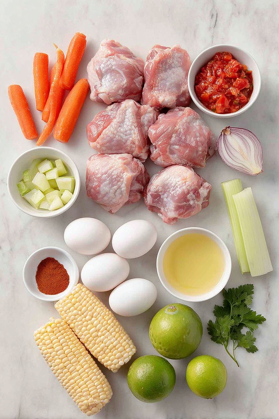 Flat lay of fresh bone-in skinless chicken thighs with clean white shells of two brown eggs nearby, a large peeled and chopped onion, one whole bright green jalapeno pepper, four medium peeled and sliced orange carrots, four stalks of crisp celery cut into thick slices, three medium Yukon gold potatoes chopped into chunks, six whole garlic cloves, small white ceramic bowls each holding ground chili powder, ground cumin, dried oregano, ground coriander seeds, smoked paprika, salt, and black pepper, one small white bowl filled with fire roasted tomatoes with juices, another small white bowl with mild diced green chiles, a small white bowl with golden olive oil, fresh ears of corn with bright yellow kernels partially husked, two whole green pear-shaped chayote squash, one lime cut in half, a small pile of fresh green cilantro leaves, all arranged symmetrically and naturally on a clean white marble surface, soft natural light, photo taken with an iPhone, professional food photography style, fresh ingredients, white ceramic bowls, no bottles, no duplicates, no utensils, no packaging --ar 2:3 --v 7 --p m7354615311229779997