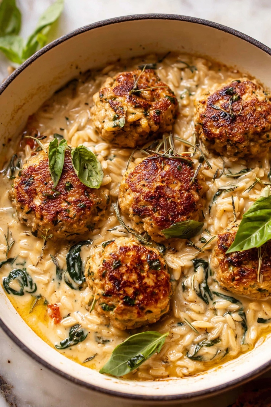 A white speckled bowl holds a creamy risotto base with soft bits of green herbs and small orange pieces, topped with five round, golden-brown meatballs seasoned with visible herbs and spices. The risotto looks rich and slightly oily with a light yellow tint, and there are fresh green basil leaves placed on top for garnish. A vintage silver spoon rests inside the bowl on the left side of the dish. The bowl sits on a white marbled surface with part of a leafy green herb and a glass cup partially visible in the background. photo taken with an iphone --ar 2:3 --v 7