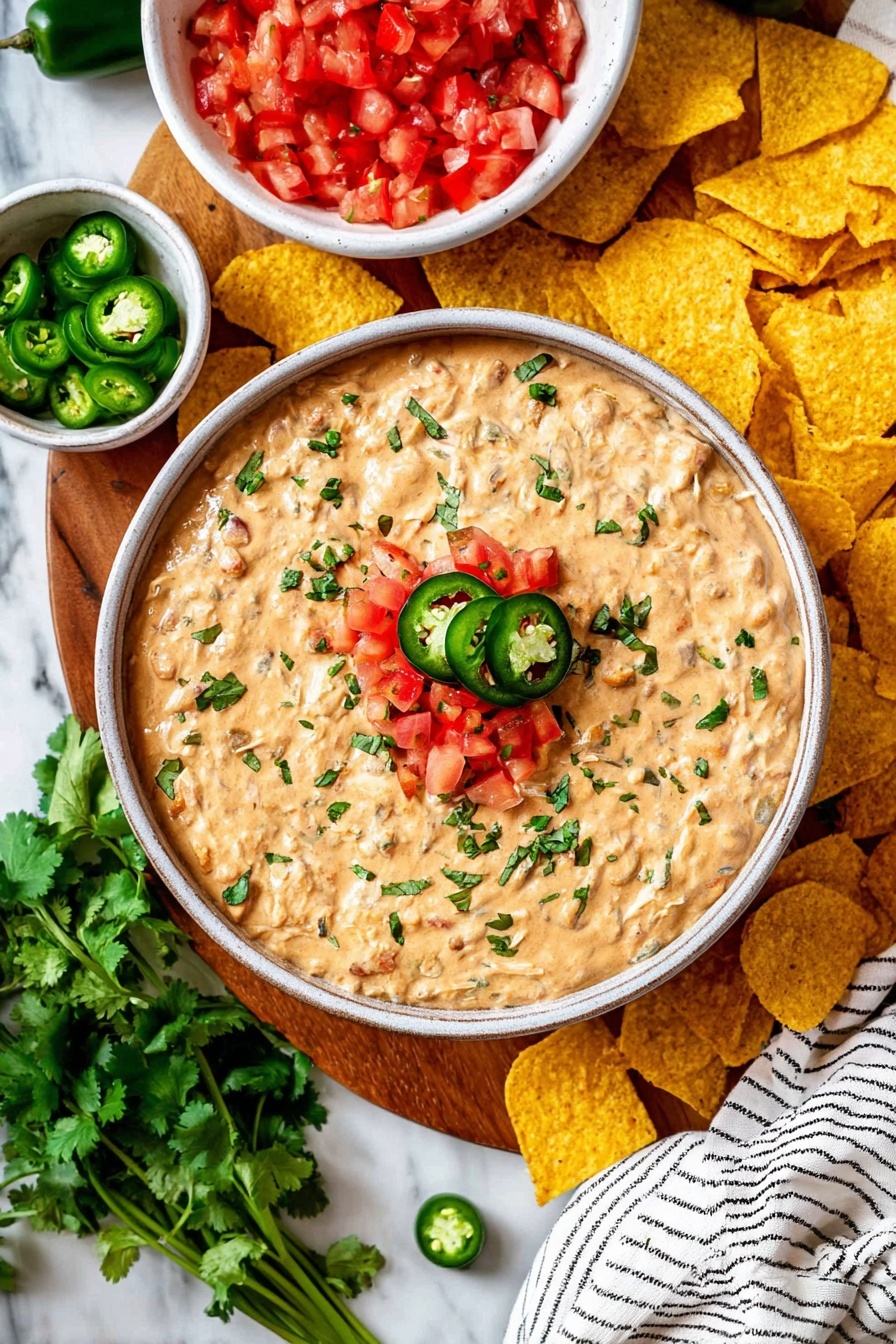 A bowl filled with a thick, creamy dip that is light brown with small bits mixed in, topped with a small pile of bright red chopped tomatoes and several green jalapeno slices, with scattered green herbs sprinkled over the top. The bowl is placed on a wooden board surrounded by yellow tortilla chips and two small white bowls, one filled with chopped red tomatoes and the other with sliced green jalapenos. Fresh cilantro leaves lay on the bottom left corner on the white marbled surface, and a white cloth with black stripes is seen on the bottom right side. Photo taken with an iphone --ar 2:3 --v 7
