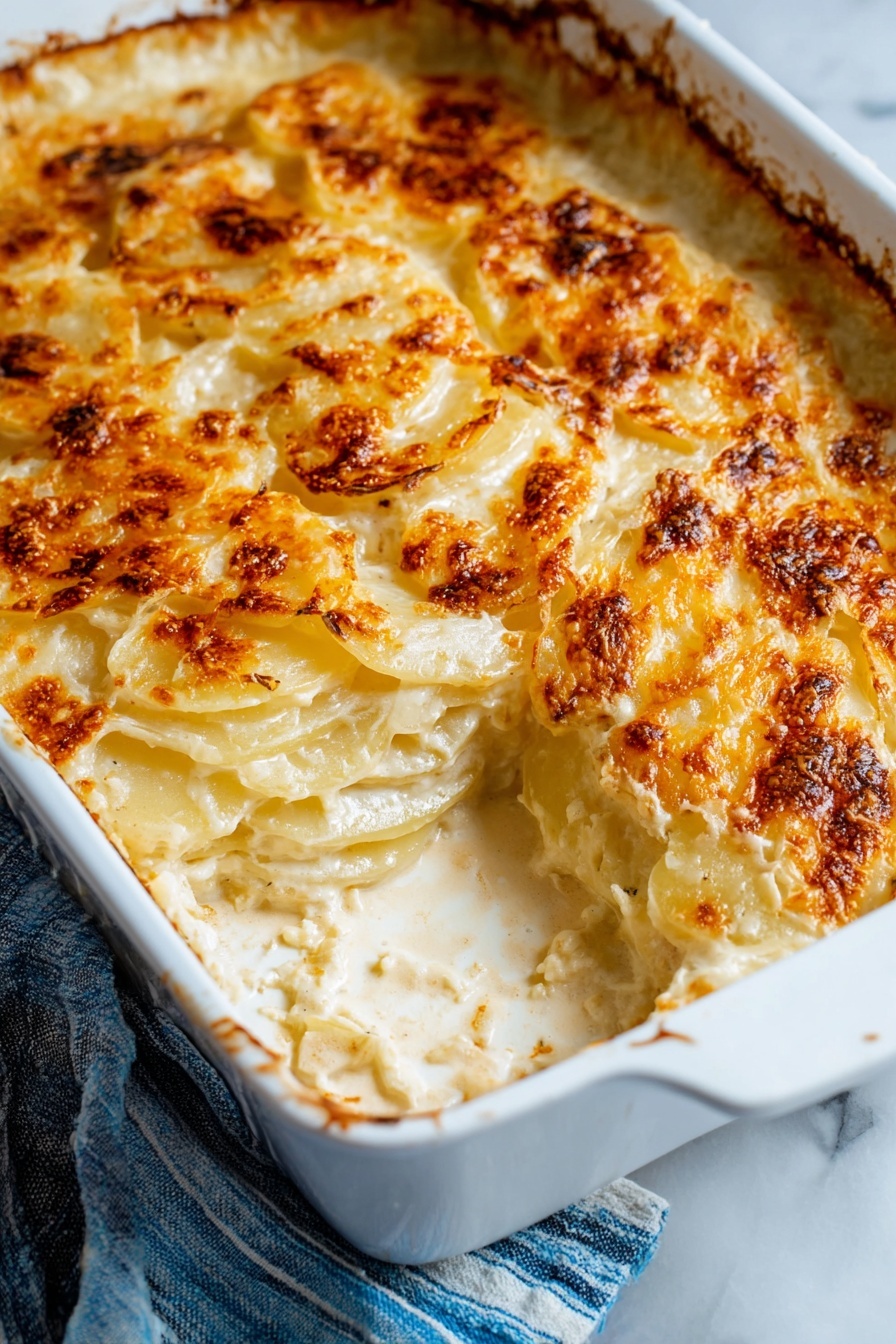 A close-up view of a white rectangular baking dish filled with a creamy potato casserole. The dish has several thin layers of soft, pale yellow potato slices mixed with a rich, smooth white sauce. The top layer is golden brown with small burnt spots and bubbling cheese that adds a slightly crispy texture. The edges show some caramelized browning where the sauce has thickened. The casserole sits on a folded cloth with blue and white stripes over a white marbled surface. Photo taken with an iphone --ar 2:3 --v 7