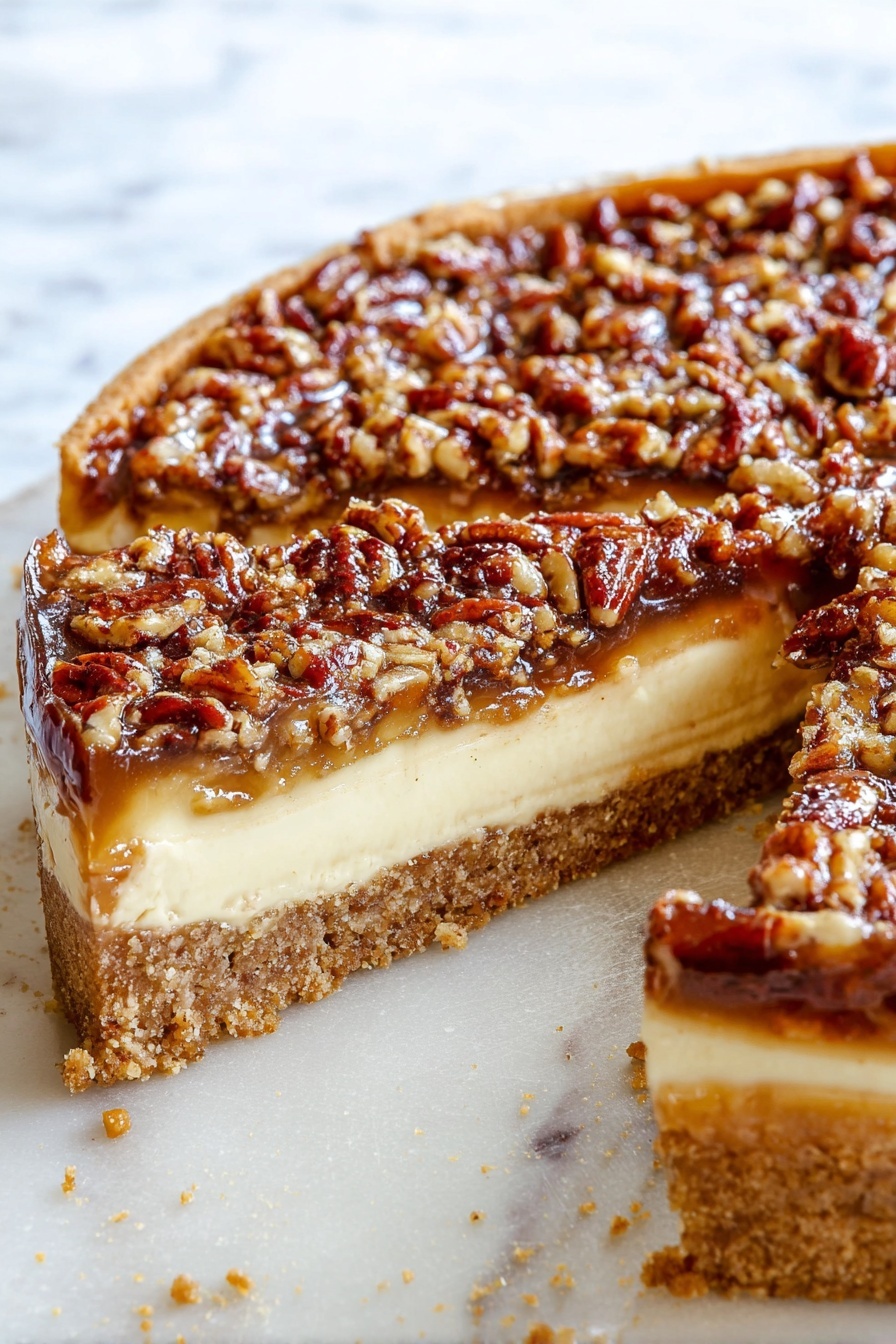 The image shows a pecan pie on a white plate with a slice removed to reveal its layers. The bottom layer is a golden crispy crust, followed by a smooth, light brown filling in the middle. On top, there is a thick layer of glossy pecans covered with syrup, giving a rich texture to the pie’s surface. The crust has a slightly rough edge, and crumbs are scattered on the plate around the pie. The setting includes a white marbled surface and some whole pecans nearby, with a metal pie server in the background. Photo taken with an iphone --ar 2:3 --v 7