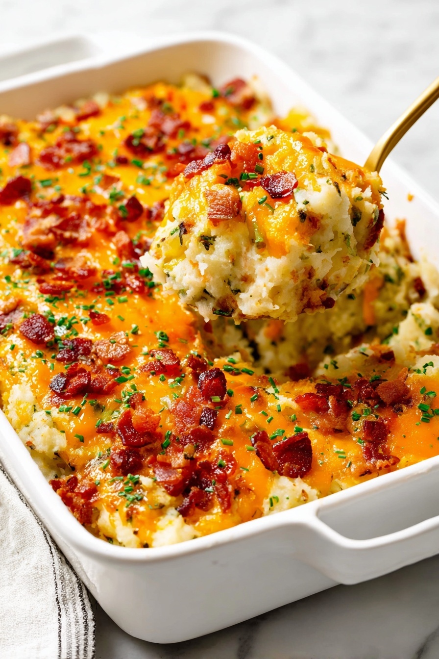 A white rectangular baking dish filled with a mashed potato casserole shows three main layers: a bottom layer of mashed potatoes with bits of herbs, a middle melted golden orange cheese layer, and a top layer of crispy small red bacon bits and bright green chopped herbs. A gold serving spoon lifts a scoop, showing the soft texture of the mashed potatoes with visible chunks and mixed herbs inside. The dish sits on a white marbled surface, and the lighting makes the cheese shine warmly. Photo taken with an iphone --ar 2:3 --v 7