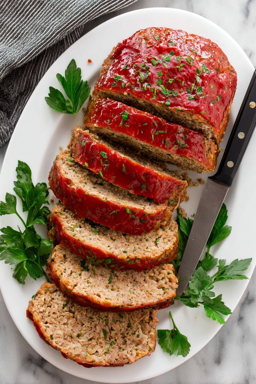 The image shows a white oval plate on a white marbled surface. On the plate is a sliced meatloaf with bright red tomato glaze on top and scattered green parsley pieces both on the glaze and the slices. The meatloaf has a textured light brown inside with bits of herbs visible. There are eight slices arranged on the plate in two slightly overlapping rows, with one larger piece of meatloaf at the bottom right corner. A knife with a black handle rests on the left side of the plate, cutting into the meatloaf. Green parsley leaves are placed at the top right side near the plate. Photo taken with an iphone --ar 2:3 --v 7