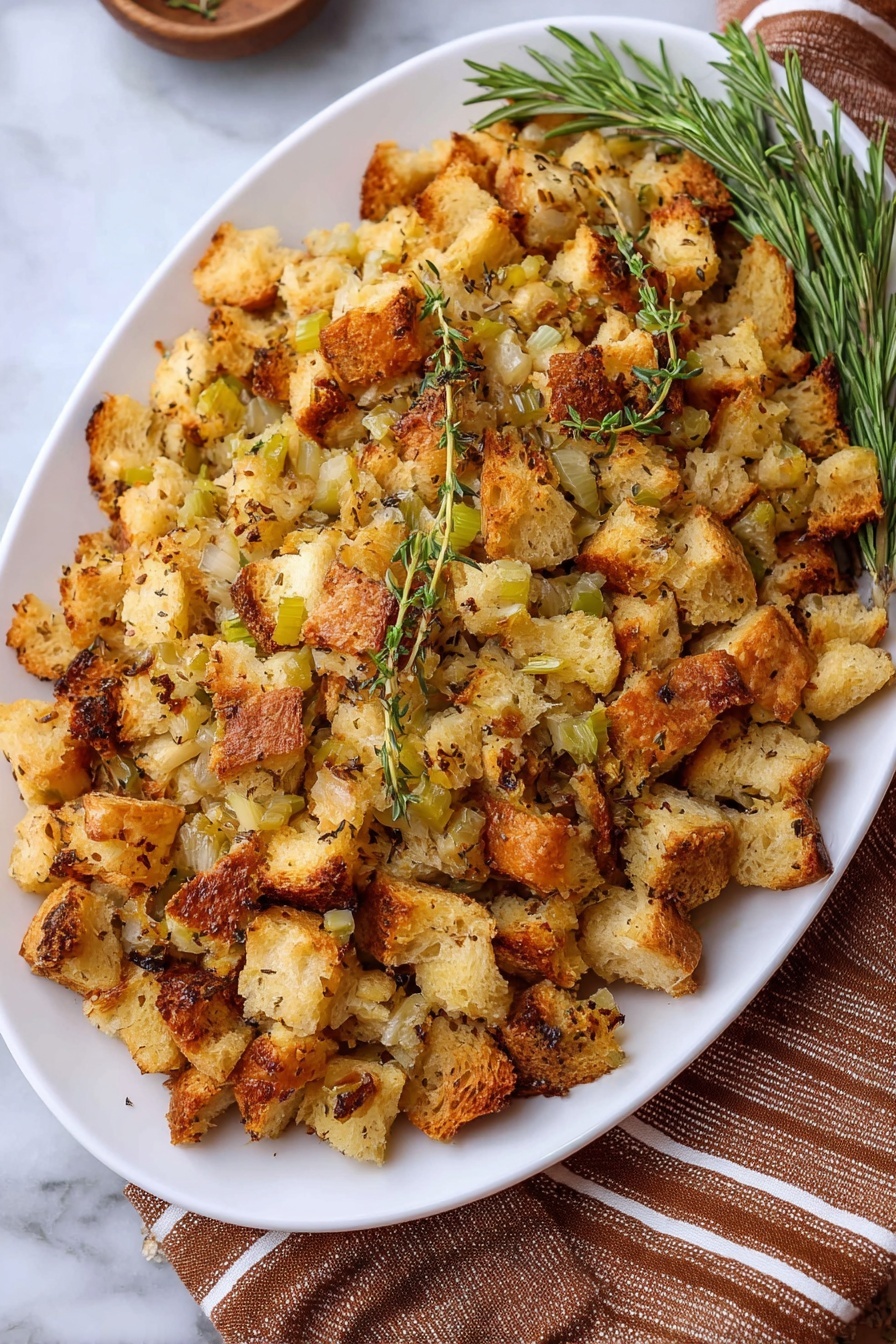 A white baking dish filled with a golden brown stuffing, showing small chunky pieces throughout with a mix of light and darker toasted edges. The stuffing has visible bits of celery and herbs scattered evenly, giving it a varied texture with both soft and crispy parts. The top layer looks crunchy and uneven, with a rich color variation from light beige to deep golden brown. The white marbled surface underneath adds a clean contrast to the dish’s warm tones. photo taken with an iphone --ar 2:3 --v 7