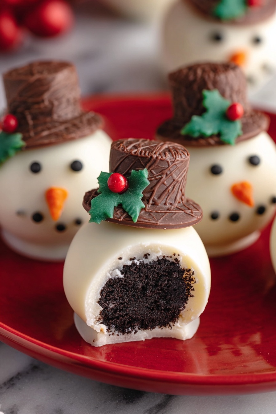 The image shows round white snowman-shaped treats on a red plate with a white marbled surface background. Each snowman has a smooth white outer layer, with a dark, dense-looking chocolate cookie layer inside revealed in one snowman that is partially eaten. On top, there is a dark brown hat made from a chocolate piece with a textured brim, decorated with small green holly leaves and a red berry. The snowman face is made with small black dots for eyes and mouth, and an orange carrot-shaped nose. The placement of the snowmen is close together, focusing on the detailed face and hat decorations. photo taken with an iphone --ar 2:3 --v 7
