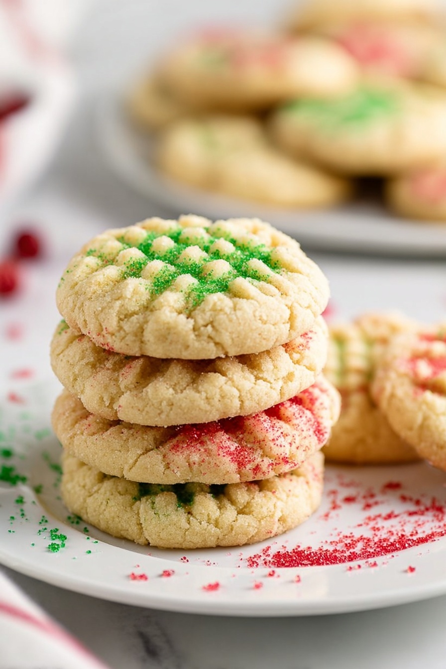 A white plate holds a stack of soft round cookies with fork marks pressed in a crisscross pattern on top. The cookies are light golden in color, with some sprinkled with red sugar crystals and others with green sugar crystals on the top surface. The stack is thick, roughly four cookies high, and the cookies have a slightly rough, crumbly texture. Around the plate’s edge and on the white marbled surface beneath, there are scattered red and green sugar crystals. In the blurry background, more cookies can be seen out of focus. Photo taken with an iphone --ar 2:3 --v 7