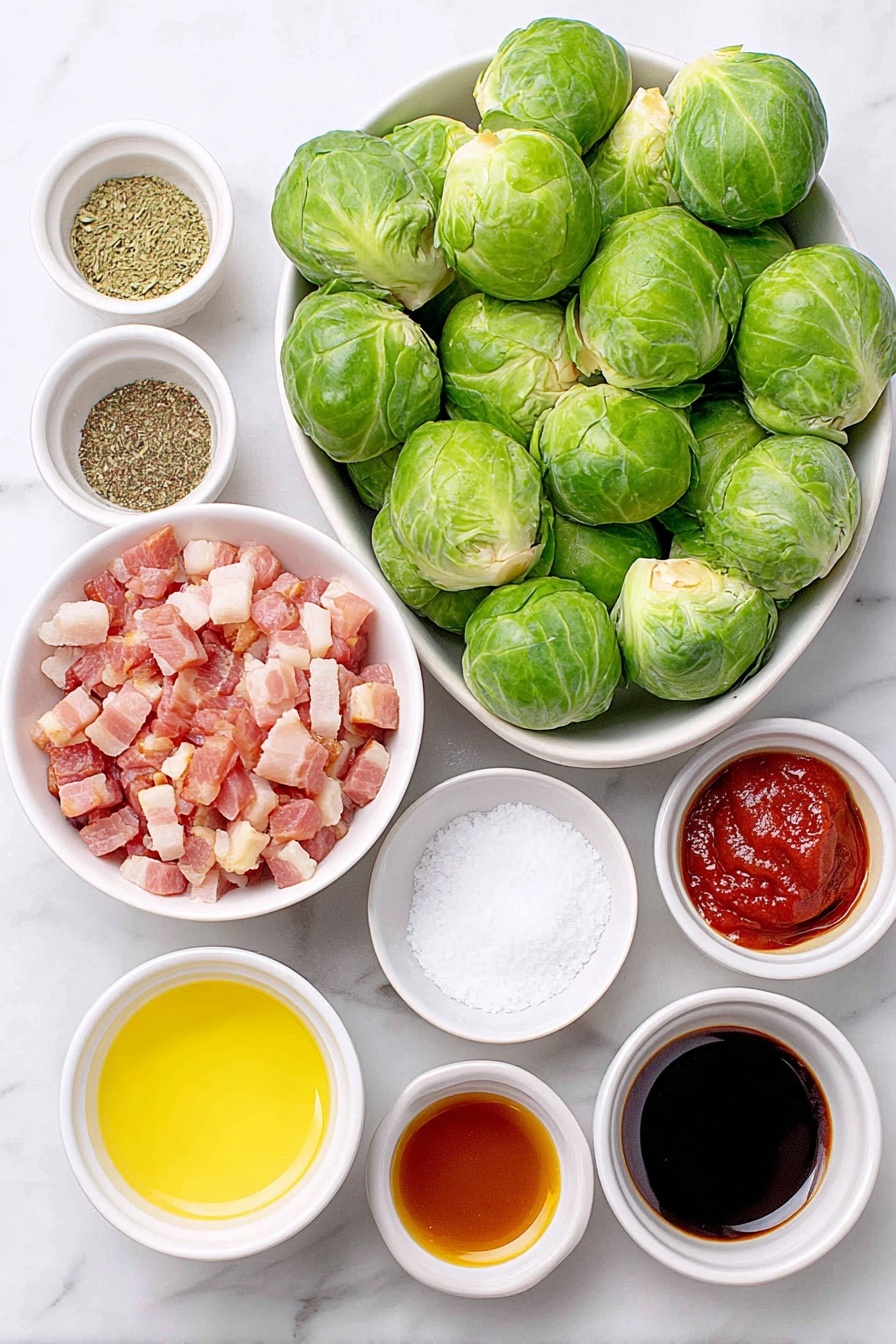 Flat lay of fresh large Brussels sprouts, diced raw bacon pieces, a small white bowl of golden olive oil, a small white bowl of coarse kosher salt, a small white bowl each of garlic powder and black pepper, a small white bowl of dark balsamic vinegar, a small white bowl of amber honey, and a small white bowl of deep red sriracha sauce, all arranged with perfect symmetry on a clean white marble surface, soft natural light, photo taken with an iPhone, professional food photography style, fresh ingredients, white ceramic bowls, no bottles, no duplicates, no utensils, no packaging --ar 2:3 --v 7 --p m7354615311229779997