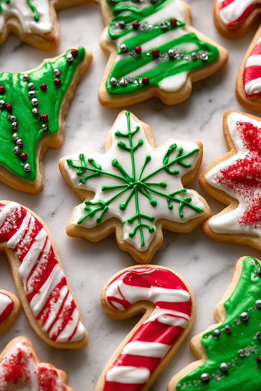 The image shows a collection of Christmas-themed cookies on a white marbled texture. The cookies are decorated with smooth icing in shapes like stars, Christmas trees, candy canes, and snowflakes. One cookie is shaped like a snowflake and has a white icing base with green icing details creating a snowflake pattern on top. Another cookie shaped like a Christmas tree is covered in green icing with white icing lines forming garlands and small red and silver round candies as decorations. Candy cane cookies have a white icing base with red stripes evenly spaced across. Star-shaped cookies include one with red icing topped with white icing lines and small white sugar crystals. The icing layers are smooth and slightly glossy, sitting on a golden-brown cookie base. photo taken with an iphone --ar 2:3 --v 7