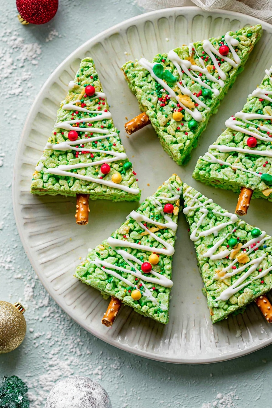 The image shows green triangular treats shaped like Christmas trees arranged on a white plate with a textured edge. Each treat has a light brown pretzel stick at the base to look like a tree trunk. The green layers have a textured, rice crispy look and are decorated with white icing drizzled in diagonal lines across the triangles. Small colorful sprinkles add detail, including red and green thin sprinkles, gold star shapes, round yellow dots, and small silver balls. The plate sits on a light blue surface with some white powdered sugar and Christmas ornaments nearby. photo taken with an iphone --ar 2:3 --v 7
