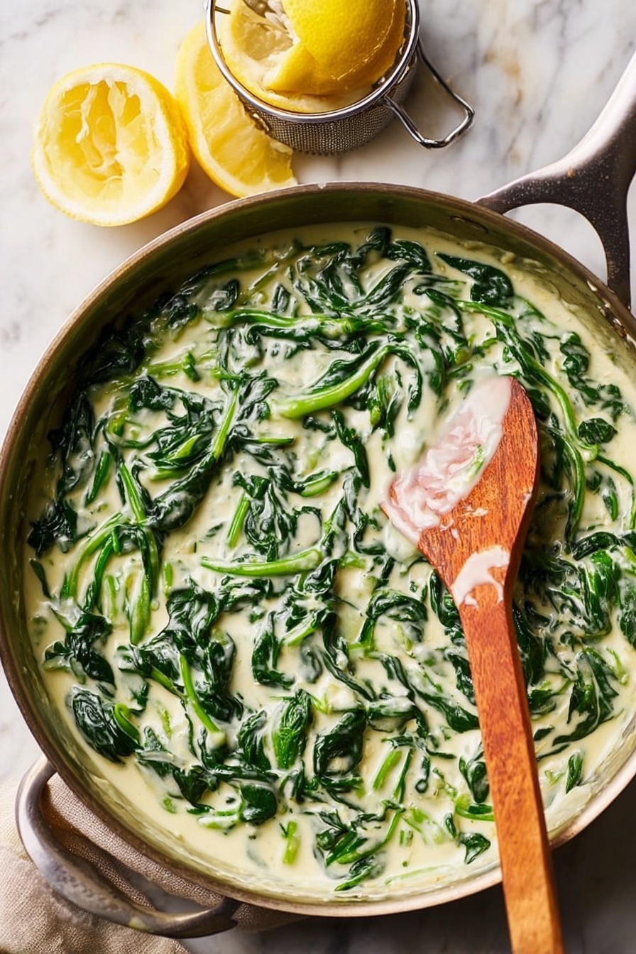 A close-up top view of a metal frying pan filled with creamy white sauce mixed with bright green wilted spinach leaves, some stems visible, giving a fresh texture. A wooden spoon with smooth texture is partially dipped into the sauce on the right side of the pan, showing thick creamy sauce coating its curved surface. Above the pan on the white marbled surface, a halved lemon with bright yellow skin sits next to a metal lemon squeezer holding another lemon half. The whole scene is bright and clean with soft natural light highlighting the creamy and leafy green layers. Photo taken with an iphone --ar 2:3 --v 7
