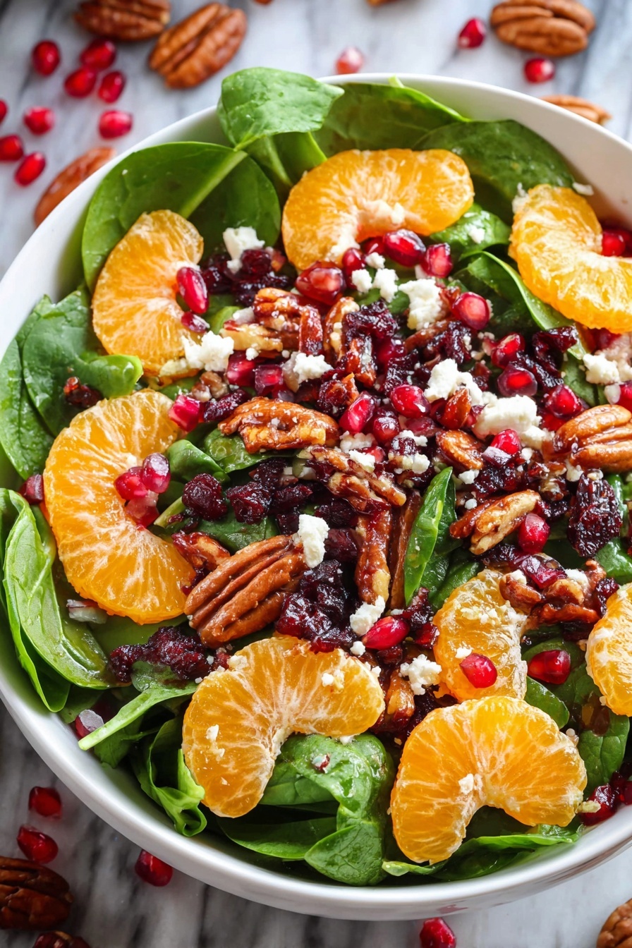 A white bowl holds a colorful salad with three main layers. The bottom layer is fresh green spinach leaves, vibrant and smooth. On top of the spinach, bright orange mandarin slices are spread evenly around the bowl. The top layer is mixed with dark red pomegranate seeds, deep brown pecan halves, small dark dried fruits, and small crumbles of white cheese scattered over the salad. The bowl is placed on a white marbled surface with some pecans and pomegranate seeds outside the bowl. Photo taken with an iphone --ar 2:3 --v 7