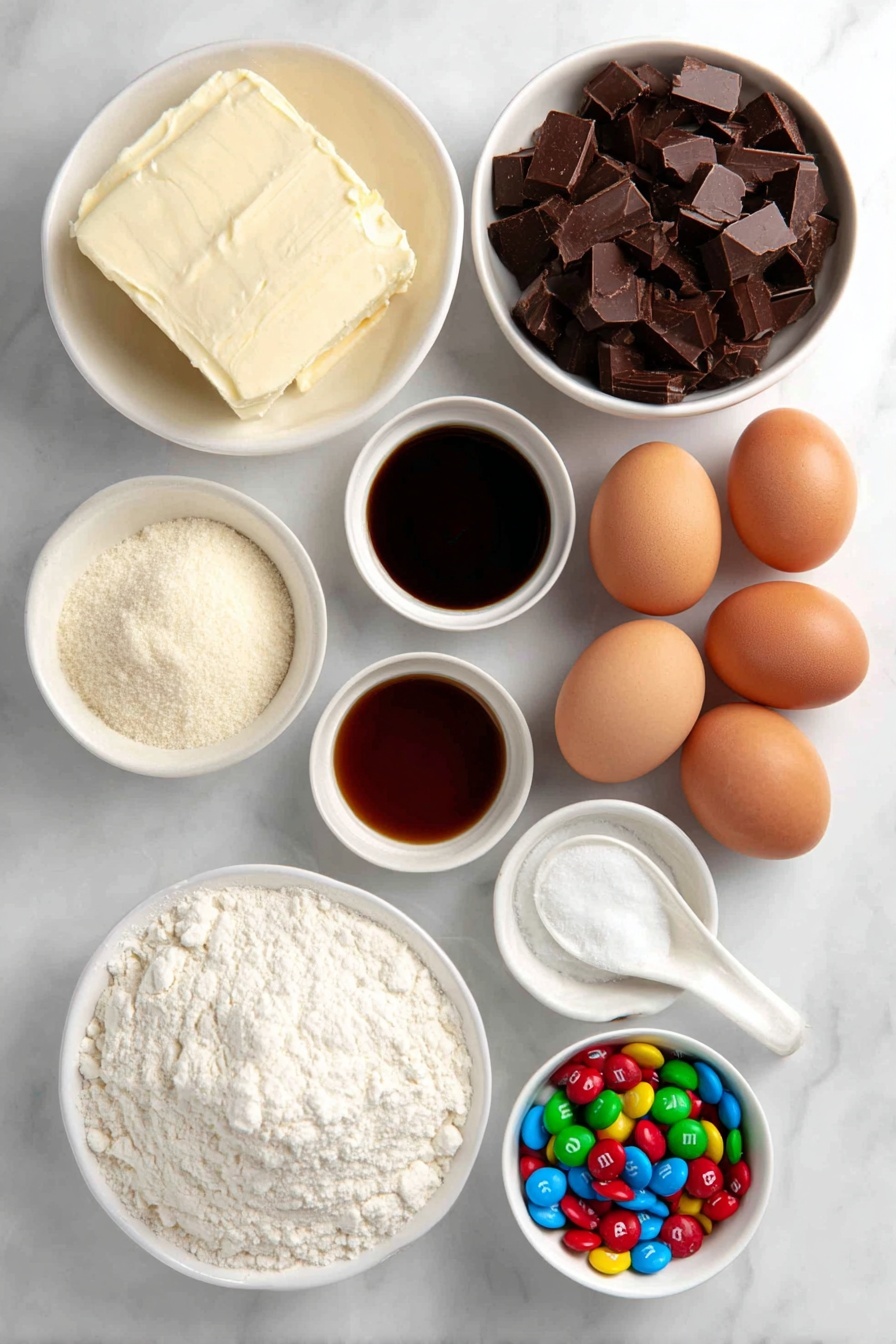 Flat lay of a small block of unsalted butter, chopped pieces of semi-sweet chocolate, a small white bowl filled with light brown sugar, a small white bowl filled with granulated sugar, four whole uncracked brown eggs, a small white bowl with Dutch process cocoa powder, a pinch of salt in a tiny white bowl, a small white bowl with vanilla extract, a small white bowl containing all-purpose flour, a handful of colorful M&M chocolate candies scattered naturally, all arranged symmetrically in simple white ceramic bowls and directly on the surface, placed on a clean white marble surface, soft natural light, photo taken with an iPhone, professional food photography style, fresh ingredients, white ceramic bowls, no bottles, no duplicates, no utensils, no packaging --ar 2:3 --v 7 --p m7354615311229779997