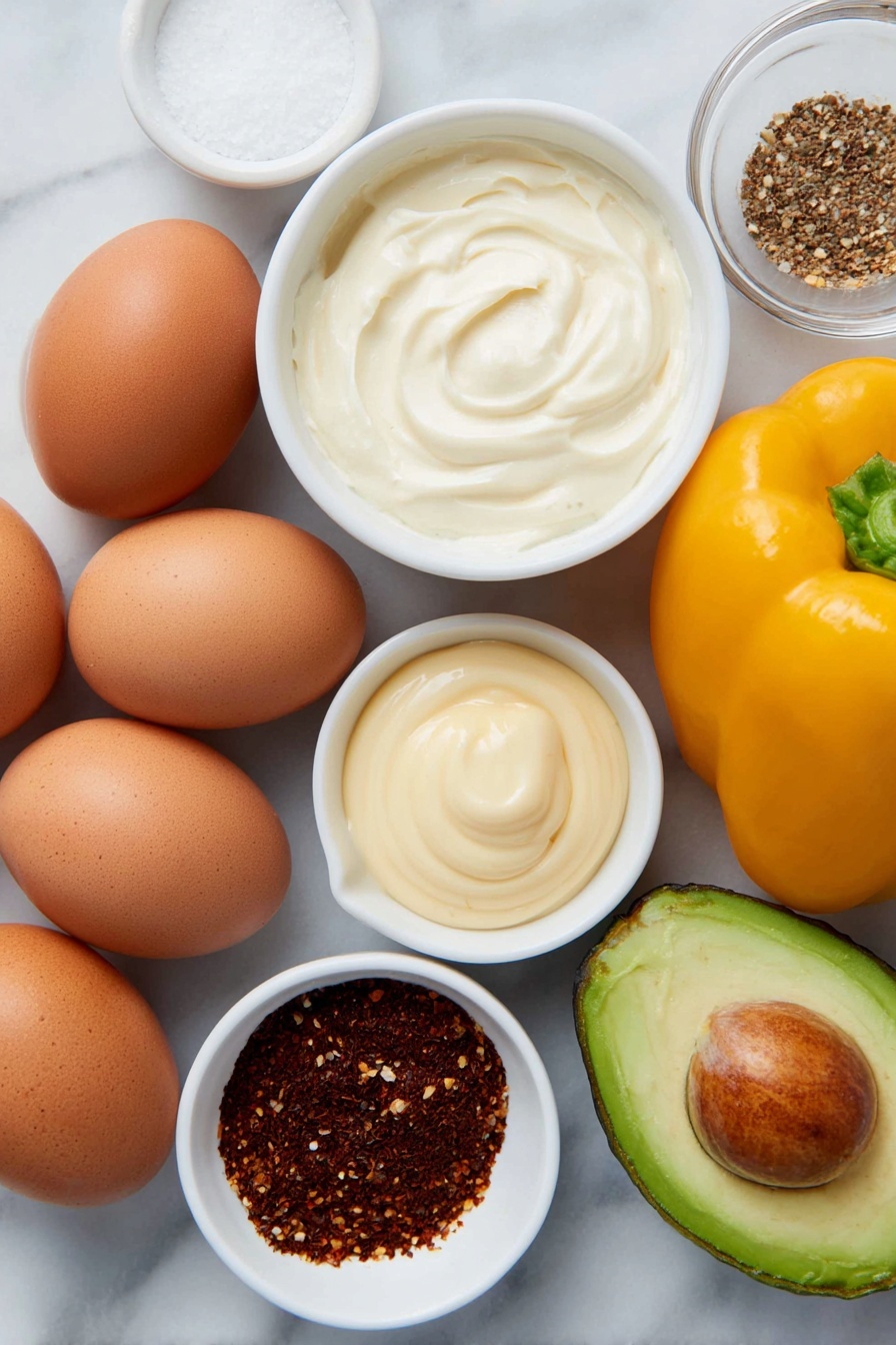 Flat lay of six whole brown eggs, a small white bowl of creamy mayonnaise, a small white bowl with smooth Dijon mustard, a small white bowl containing freshly squeezed lemon juice, half a ripe avocado with bright green flesh, a pristine yellow bell pepper whole, a small white bowl filled with crushed red pepper flakes, a small white bowl with salt and black pepper, placed on a clean white marble surface, soft natural light, photo taken with an iPhone, professional food photography style, fresh ingredients, white ceramic bowls, no bottles, no duplicates, no utensils, no packaging --ar 2:3 --v 7 --p m7354615311229779997