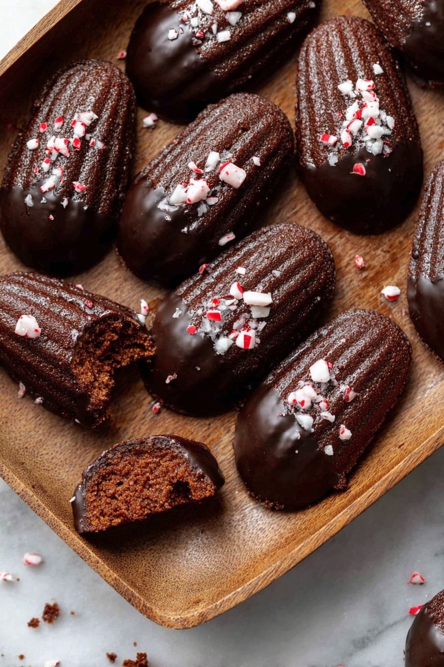 The image shows a wooden tray filled with small, dark brown madeleine cakes, each with one end dipped in shiny dark chocolate. On top of the chocolate, there are small pieces of crushed white and red candy sprinkled evenly. One madeleine at the top right has a bite taken out of it, revealing a soft, moist inside. The tray sits on a white marbled surface with some cake crumbs scattered around. photo taken with an iphone --ar 2:3 --v 7