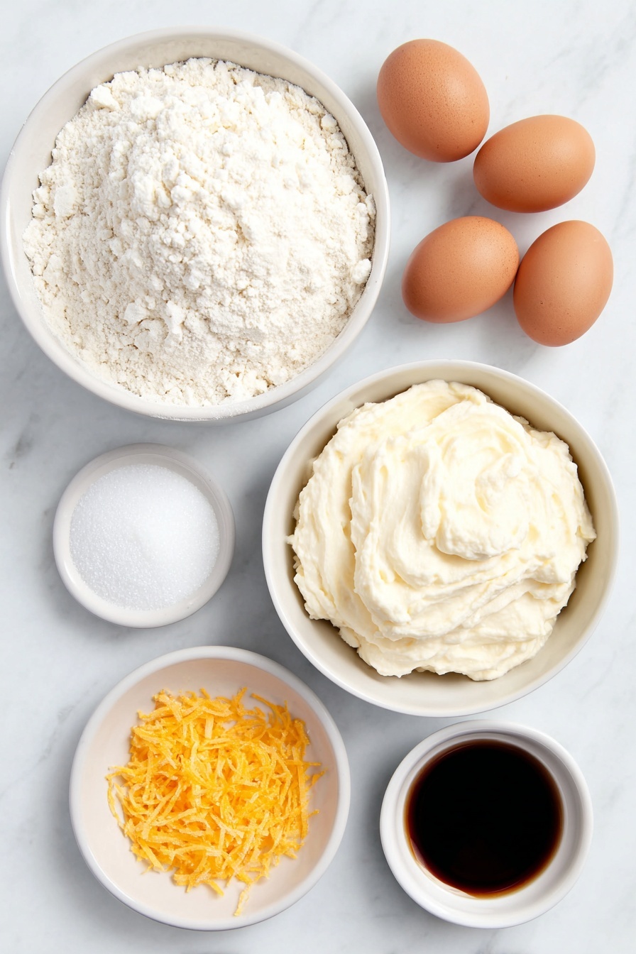 Flat lay of a small mound of fresh ricotta cheese, a simple white ceramic bowl filled with creamy softened cream cheese, a small white bowl containing granulated sugar, a few whole brown eggs with clean shells neatly arranged, a small white bowl with all-purpose flour, a small white bowl holding bright orange zest strands, and a small white bowl with vanilla extract, all placed on a clean white marble surface, soft natural light, photo taken with an iPhone, professional food photography style, fresh ingredients, white ceramic bowls, no bottles, no duplicates, no utensils, no packaging --ar 2:3 --v 7 --p m7354615311229779997