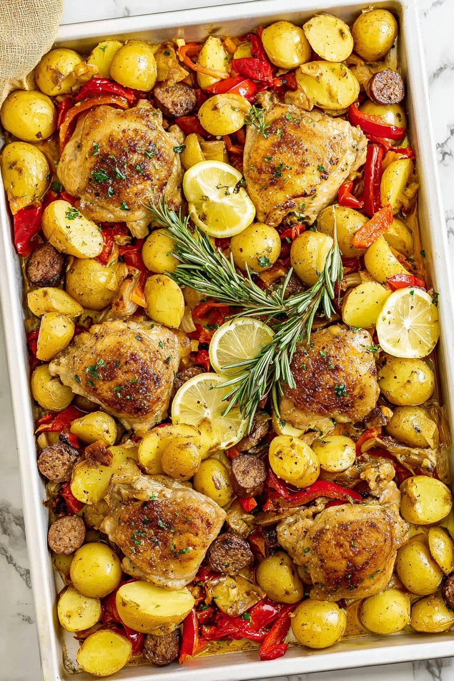 A large white tray filled with a baked dish showing four golden brown chicken pieces placed over a mix of small yellow potato halves, red bell pepper slices, and browned sausage pieces. The yellow potatoes are scattered all over, some with crisp edges. The red bell peppers are thin and slightly soft, spread between the chicken and potatoes. The sausages are dark brown and round, adding rich contrast throughout. Lemon wedges are placed on top near the chicken pieces, and a sprig of fresh green rosemary lies centrally across the food. The tray sits on a white marbled surface. photo taken with an iphone --ar 2:3 --v 7