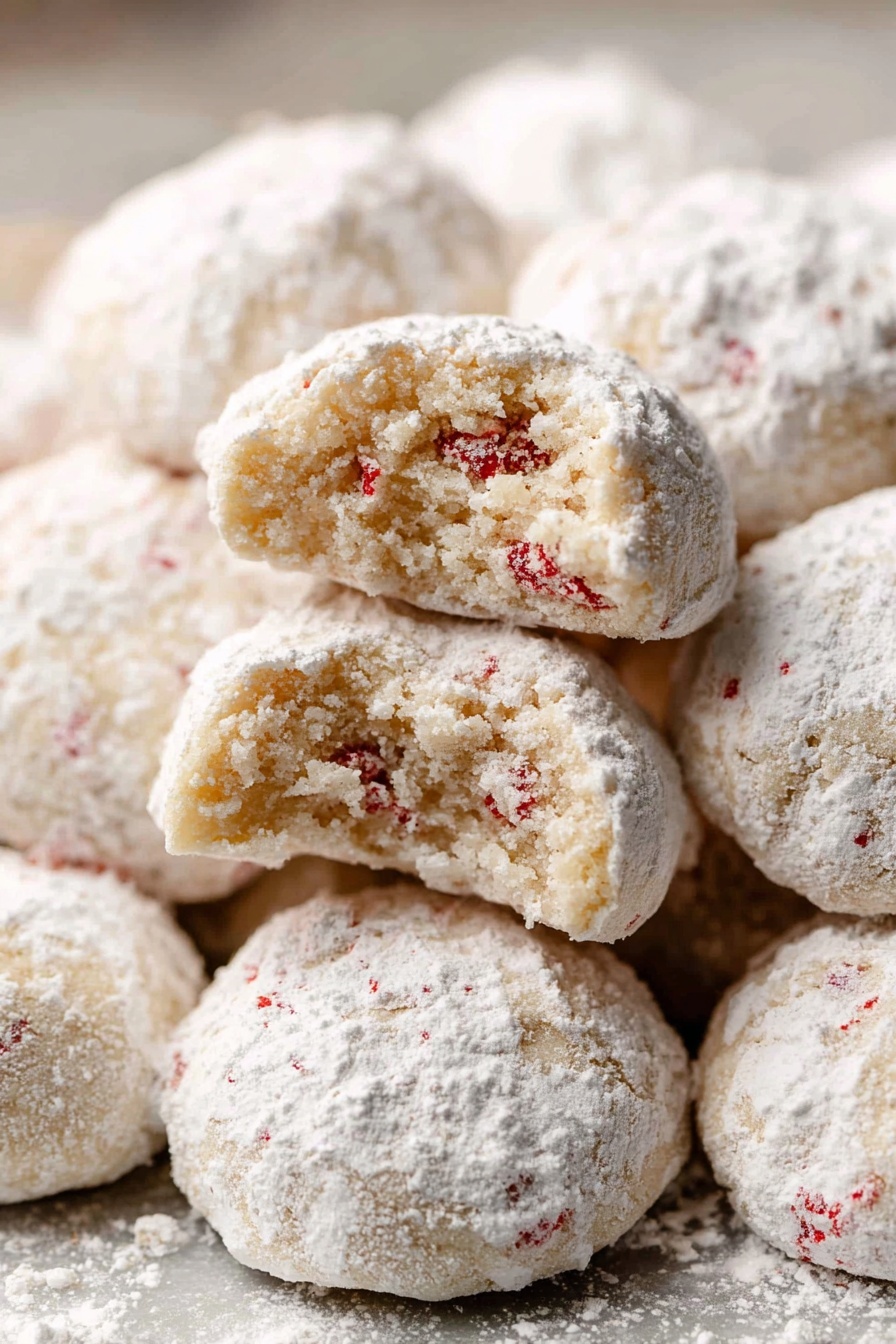 This image shows many small cookies piled close together, each covered in a thick layer of white powdered sugar. The cookies are round but slightly uneven in shape, with a light beige color inside dotted with small red bits. Two cookies on top are broken in half, revealing a crumbly, soft texture inside with the same red specks scattered throughout. The overall look is soft and powdery, with a white marbled texture as the background. photo taken with an iphone --ar 2:3 --v 7