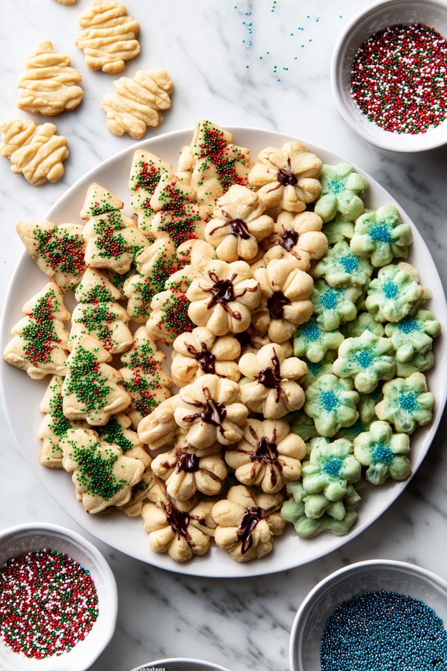 The image shows many small shaped cookies placed closely together on a white marbled surface. There are four types of cookies: light beige flower-shaped cookies with blue sugar crystals on top; light beige flower-shaped cookies with red, green, and white round sprinkles; round green wreath-shaped cookies with red, green, and white sprinkles; and beige flower-shaped cookies with dark chocolate stripes and a small chocolate ball in the center. The cookies have a slightly rough but soft texture, and the colors are soft pastels with bright sprinkles adding contrast. The scene is bright and clear, showing the details well. photo taken with an iphone --ar 2:3 --v 7