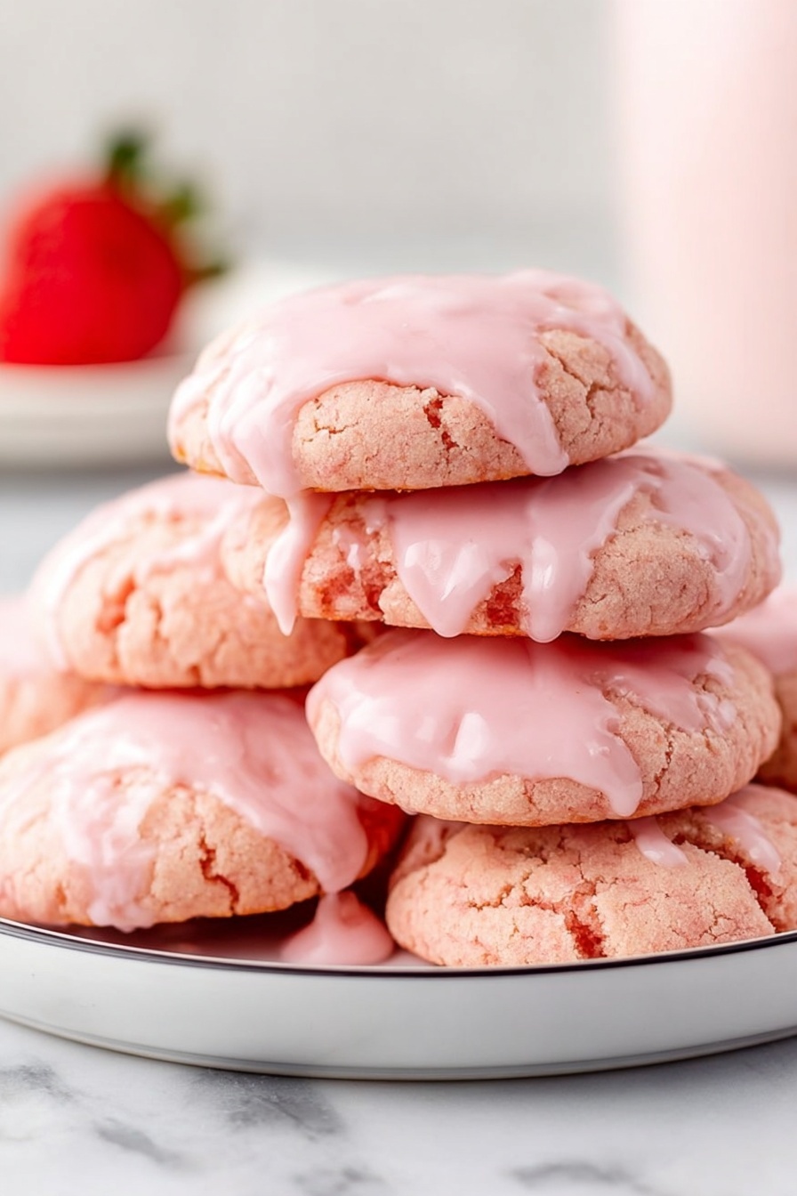 A stack of three pink cookies with a cracked texture is shown, each topped with a light pink glaze that drips down the sides unevenly, giving a soft, creamy look. The cookies are thick and round, with the glaze more abundant on the top two cookies and slightly less on the bottom one. The stack sits on a white marbled surface with a small red strawberry slice placed nearby. In the blurred background, there is a white cup with a pink-and-white striped straw and a white bowl filled with bright red strawberries. photo taken with an iphone --ar 2:3 --v 7