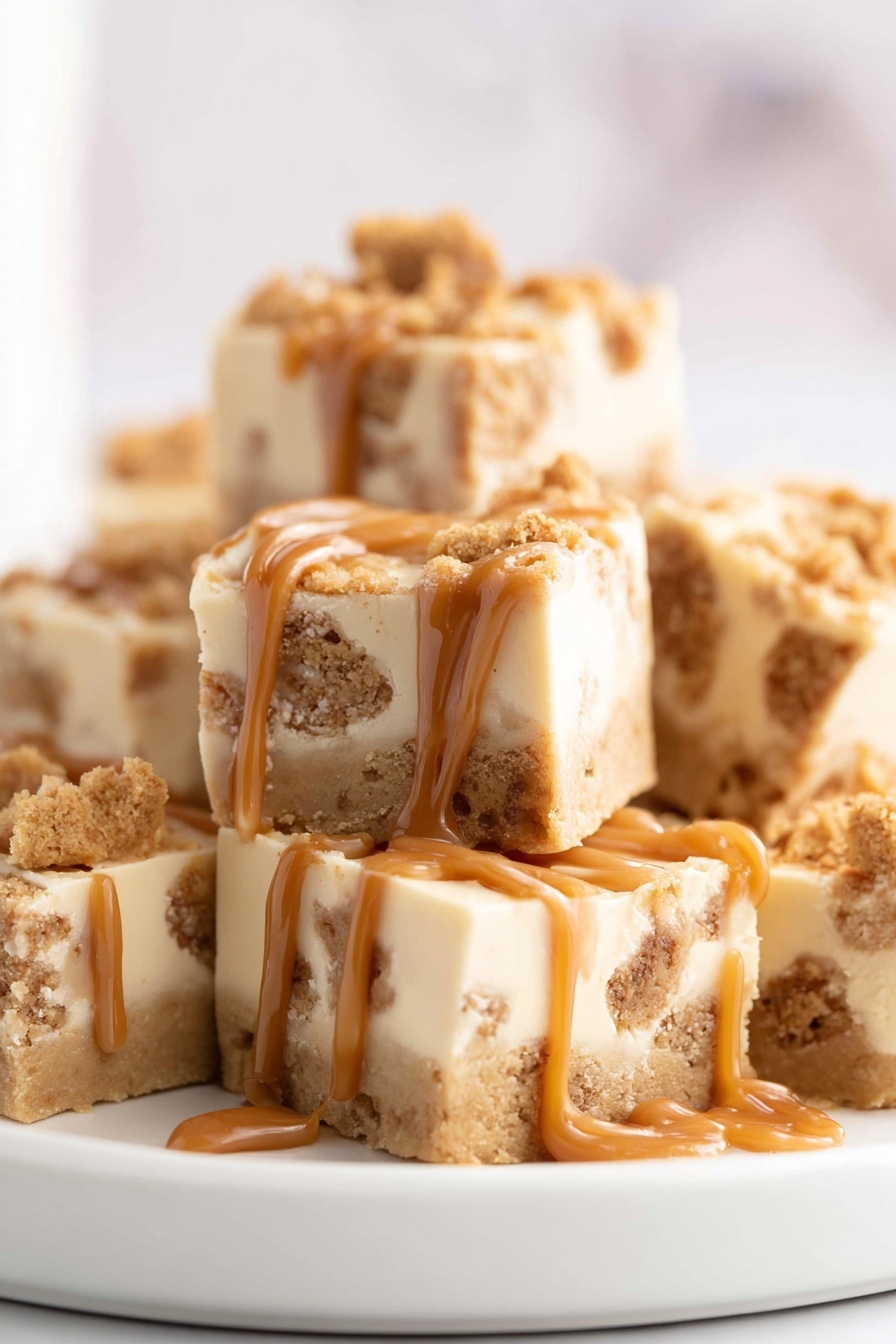 The image shows several square pieces of dessert stacked on a white plate. Each piece has a creamy, light beige base mixed with chunks of crumbly, light brown cookie bits inside. On top of the squares, there is a drizzle of smooth, caramel-colored sauce that flows down the sides. The background has a soft white marbled texture, giving a clean and bright look. photo taken with an iphone --ar 2:3 --v 7