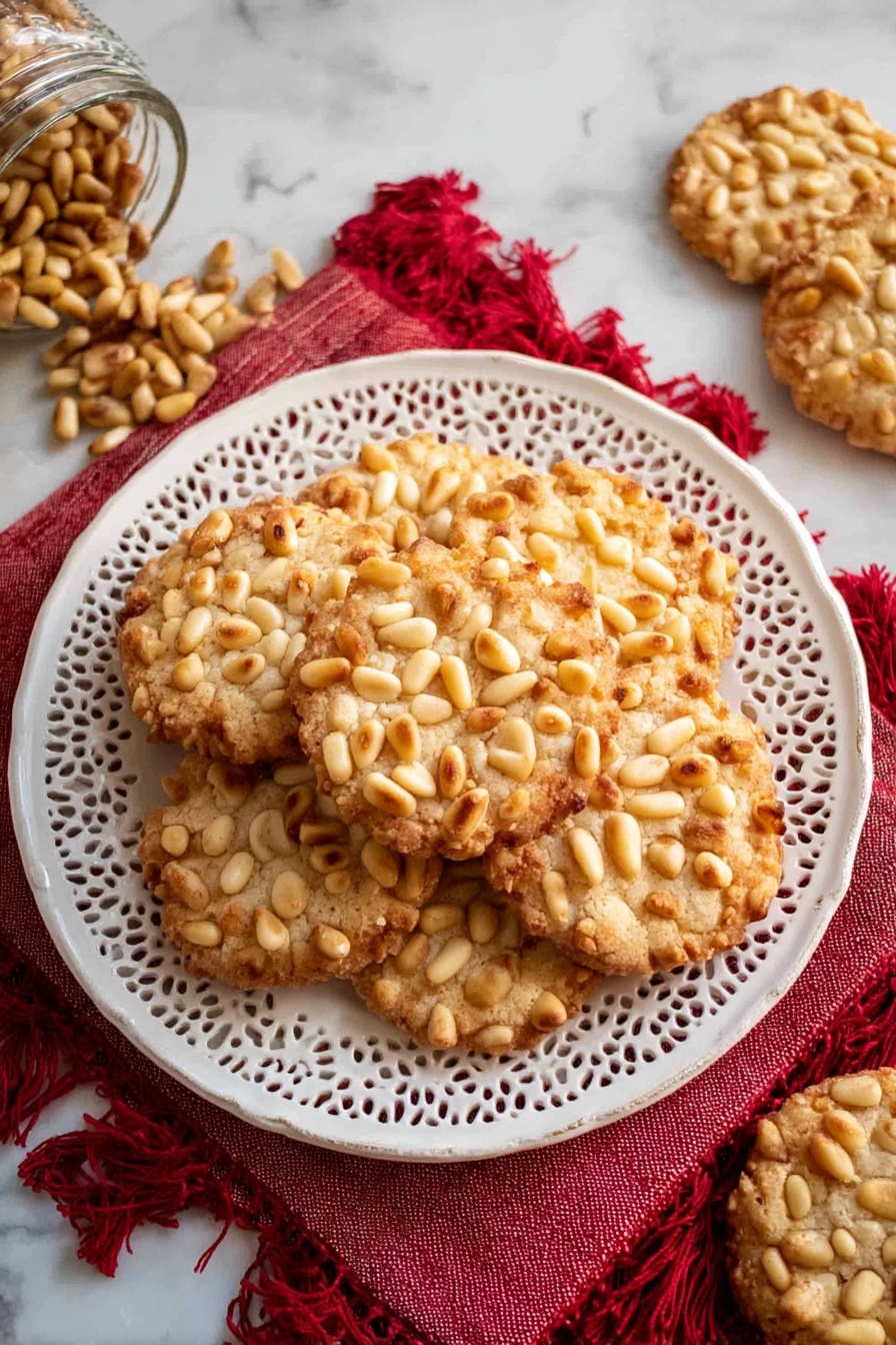 The image shows several round cookies covered fully with pine nuts, giving them a textured, bumpy surface in light beige and golden tones. Each cookie has one visible layer, and the pine nuts are closely packed all over, making the cookies look dense and crunchy. They are placed on white parchment paper over a white marbled surface and lit evenly, showing soft shadows under the cookies. Photo taken with an iphone --ar 2:3 --v 7
