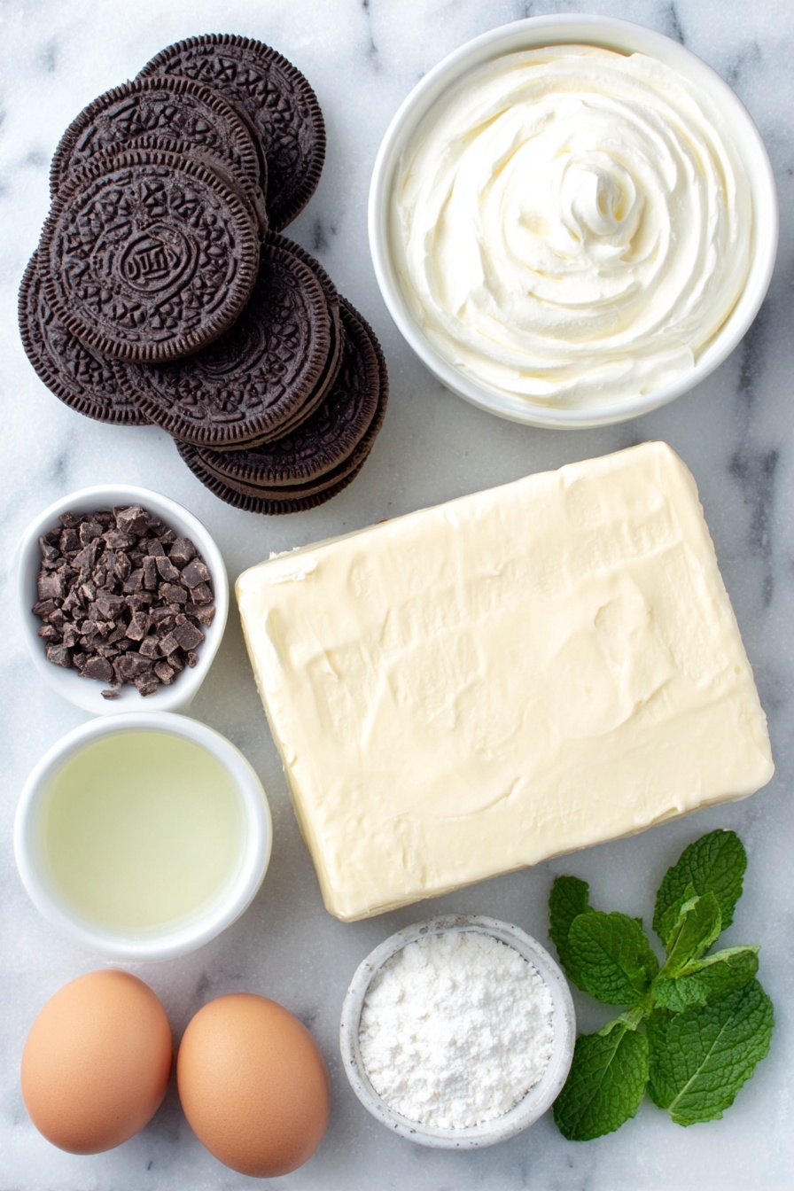 Flat lay of whole Oreo cookies arranged in a neat stack, a small mound of finely chopped bittersweet chocolate pieces, a small white ceramic bowl filled with heavy cream, a block of full-fat cream cheese with a smooth surface, a small white ceramic bowl containing smooth melted unsalted butter, a small white ceramic bowl holding clear pale green crème de menthe syrup, two whole uncracked brown eggs, a few fresh bright green mint leaves neatly gathered, and a small white ceramic bowl of powdered confectioners’ sugar, all placed on a clean white marble surface, soft natural light, photo taken with an iPhone, professional food photography style, fresh ingredients, white ceramic bowls, no bottles, no duplicates, no utensils, no packaging --ar 2:3 --v 7 --p m7354615311229779997